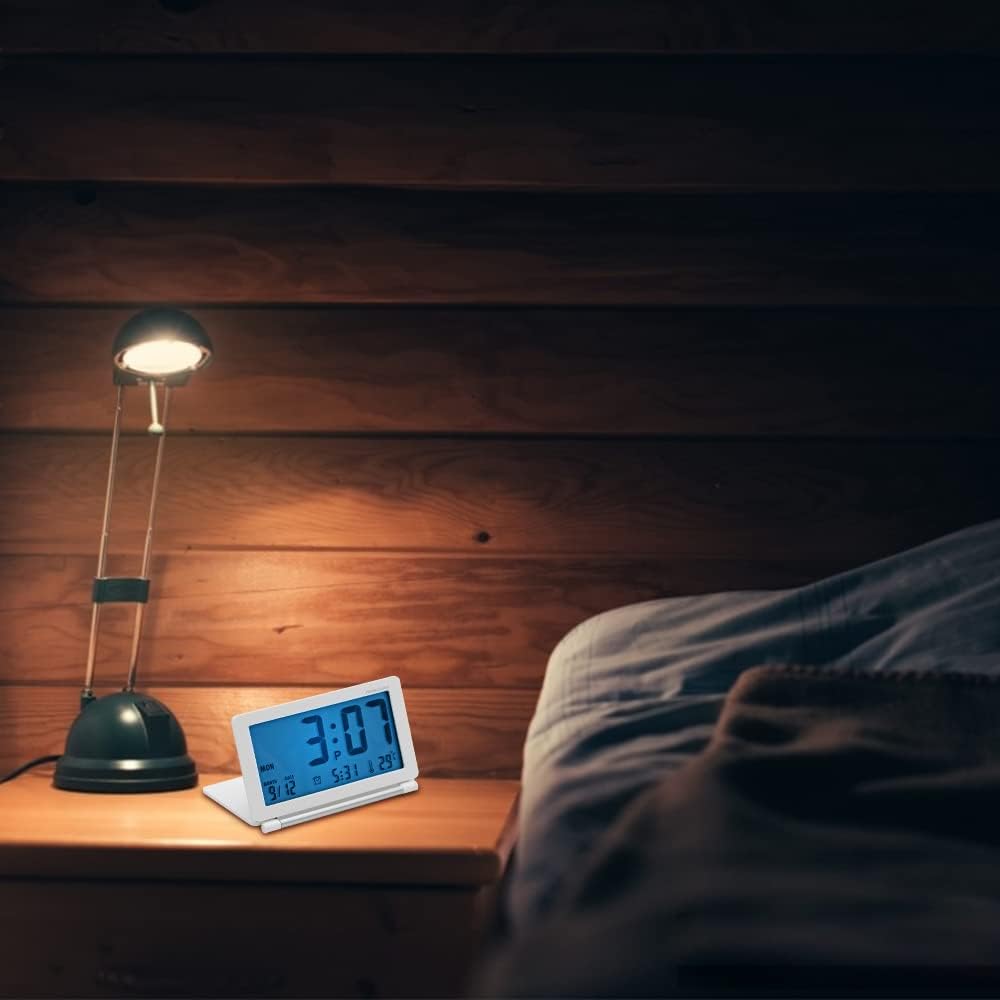 Digital Travel Alarm Clock with LCD Display, Foldable Calendar, Temperature Timer & Snooze Mode - Battery Operated Portable Desk Clock with Large Numbers (12/24H) - Perfect for Home, Office, Travel & Nightstand Use (White)