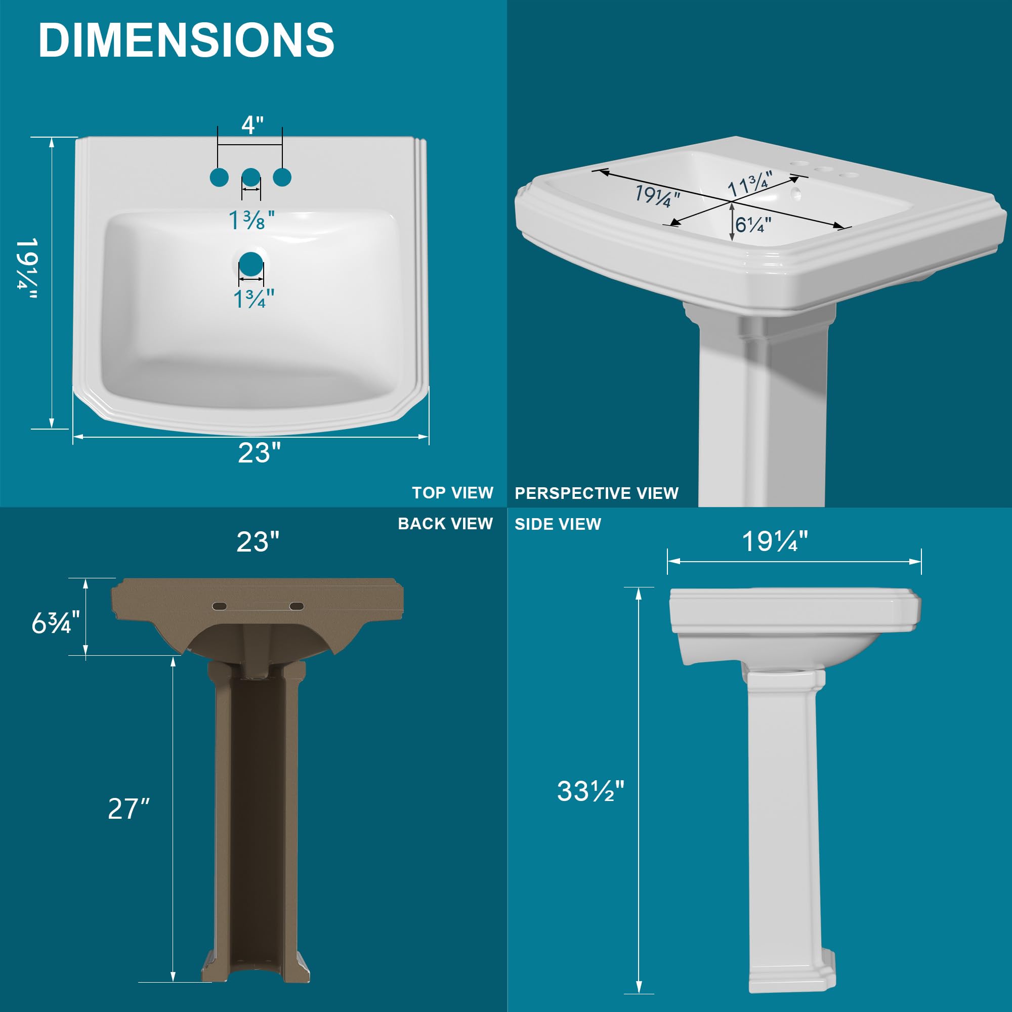 White Porcelain Pedestal Sink 23x19 Inch with 3 Faucet Holes & Overflow - Rectangular Bathroom Sink Combo for Vanity, Powder Room & Laundry Areas