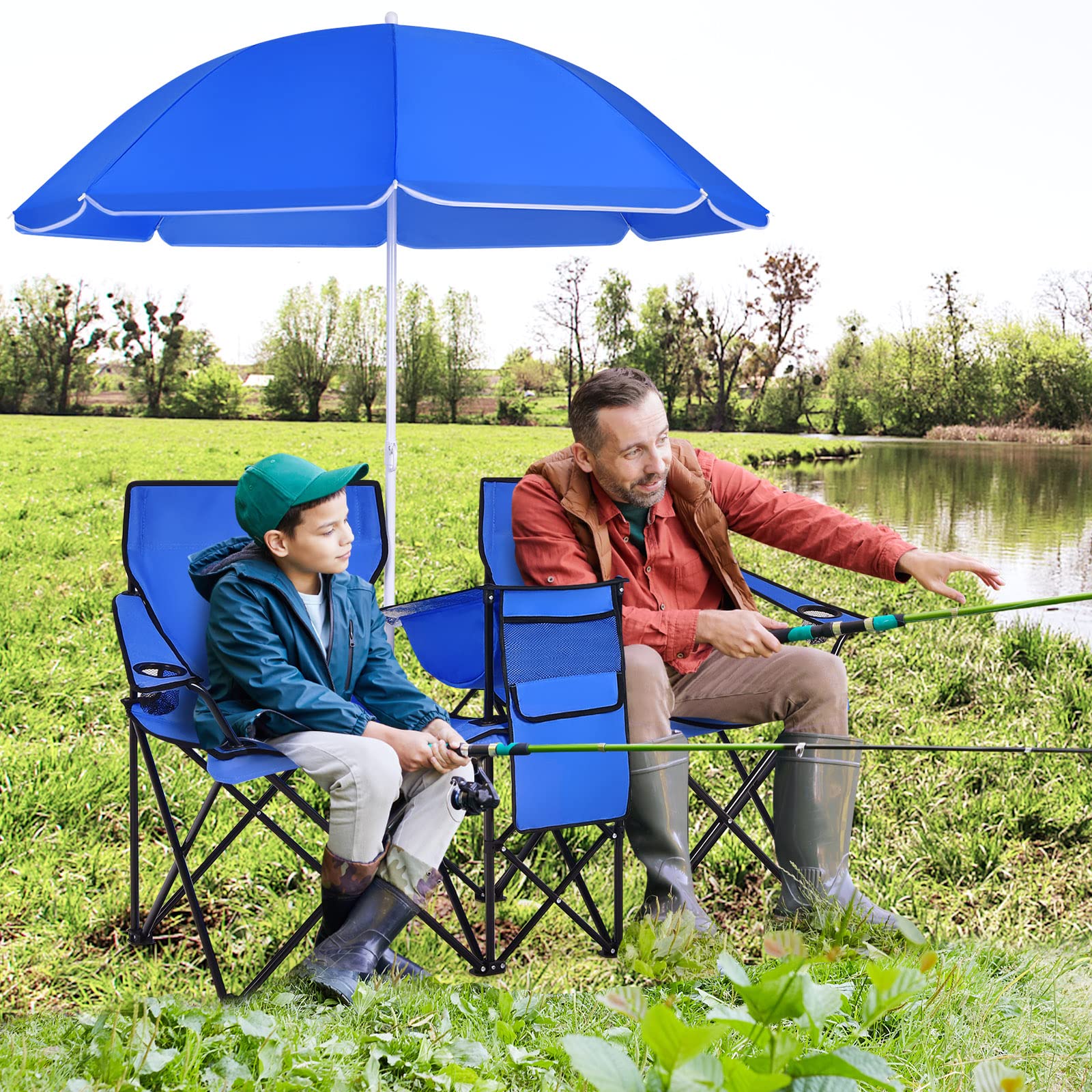**LUARANE Folding Double Camping Chair with Removable Umbrella & Mini Table - Portable Outdoor Loveseat for Picnics, Beach, Pool, Park, and Backyard - Includes Cup Holder & Carrying Bag (Blue)**    **Perfect for Couples, Beach Lounging, Camping Trips, and Outdoor Gatherings!**
