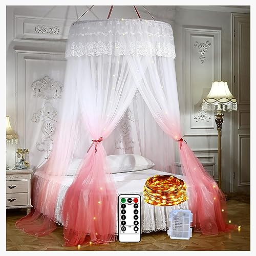 Elegant Pink Mosquito Net Bed Canopy with Lights - Round Dome Bed Curtain for Bedroom Decoration, Perfect for Romantic Nights & Boho Chic Home Decor