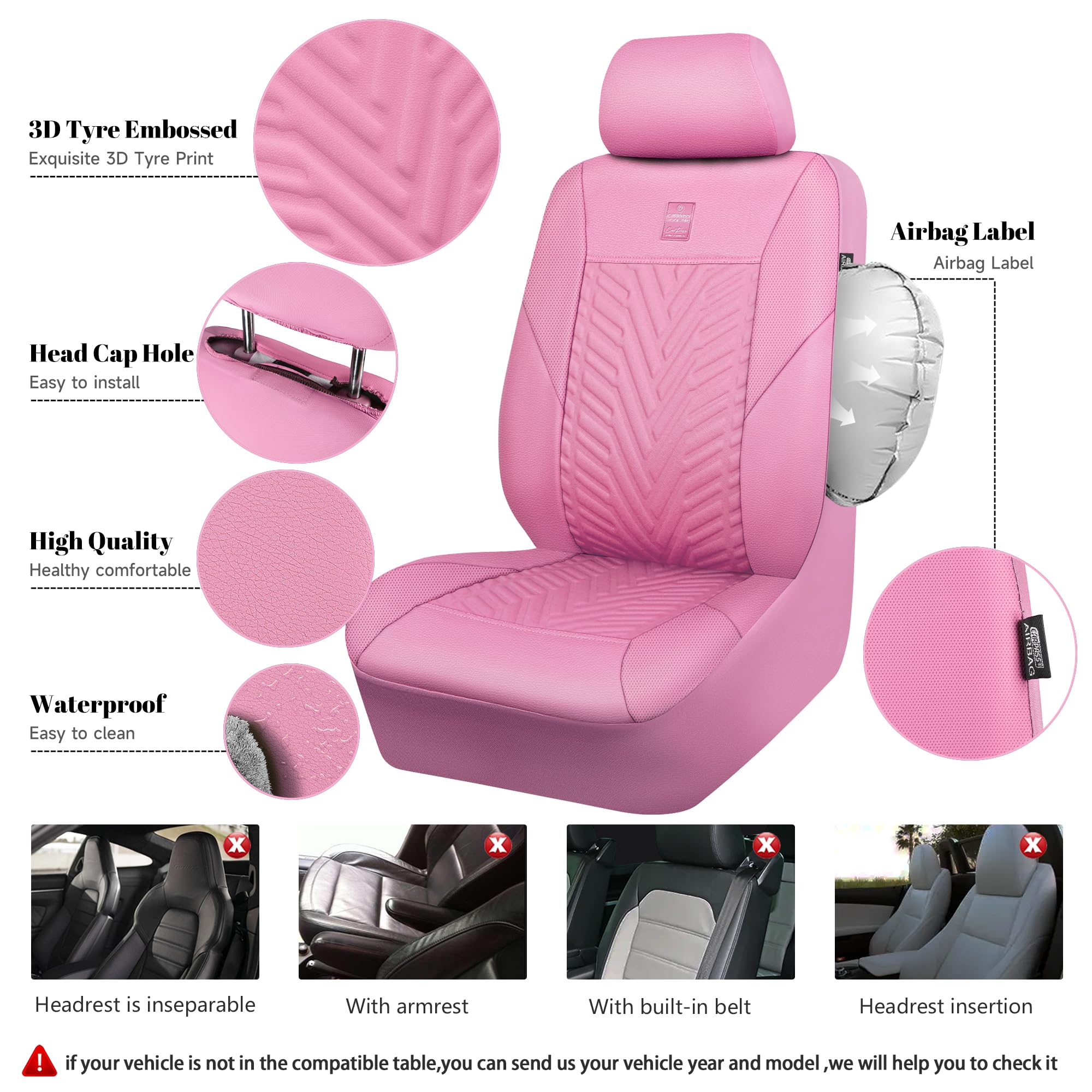 Premium CAR PASS Deluxe Faux Leather Car Seat Covers - 2 Front Seats Only, 3D Tire Embossed Waterproof Pink Seat Protectors | Airbag Compatible, Universal Fit for SUV, Truck & Automotive | Perfect for Daily Commute, Road Trips & Vehicle Protection (Pink)