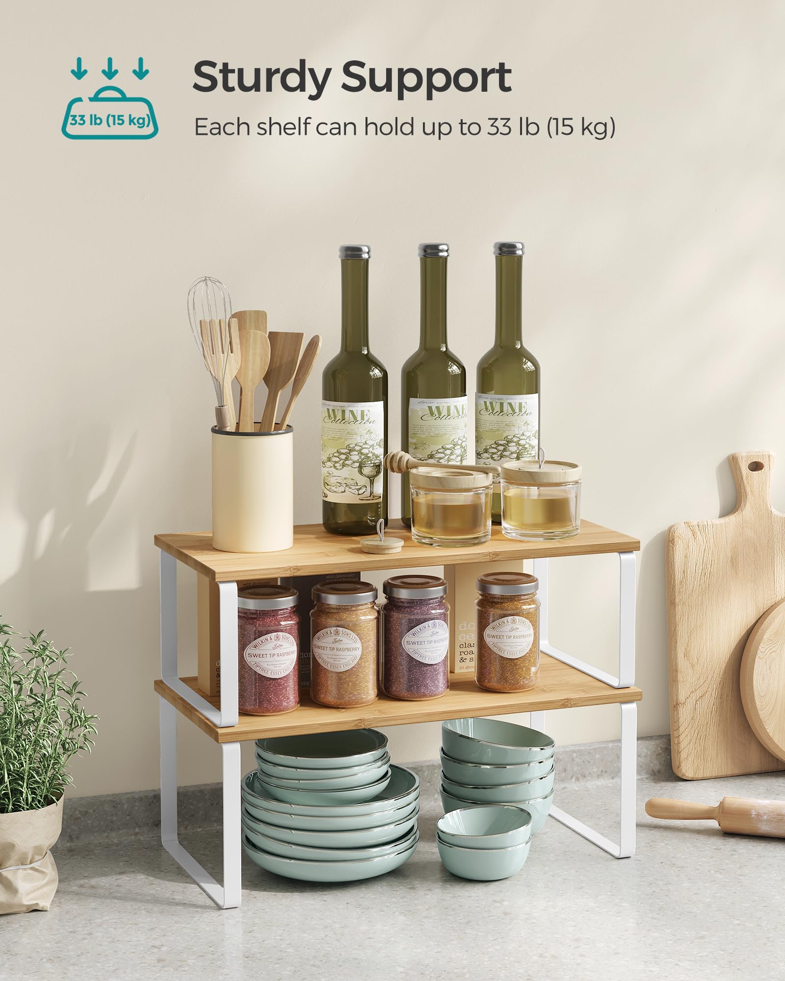 SONGMICS 2-Pack Stackable Expandable Kitchen Cabinet Organizer Shelf - Metal & Engineered Wood Spice Rack Storage for Countertops - Cloud White & Natural Beige (UKCS200W01) - Perfect for Pantry, Bathroom & Small Space Organization