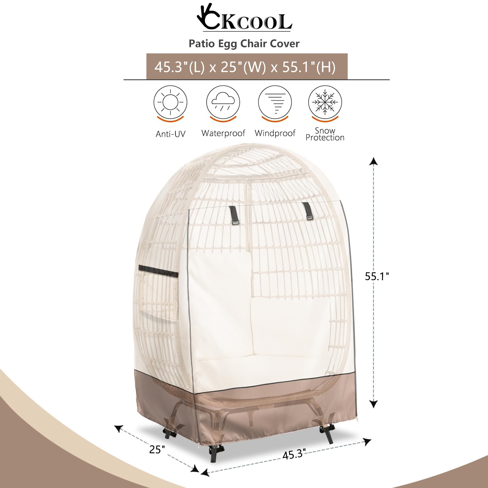 Waterproof Egg Chair Cover with Zipper - Outdoor Wicker Patio Basket Chair Protector (Beige & Brown, Fits 45.3