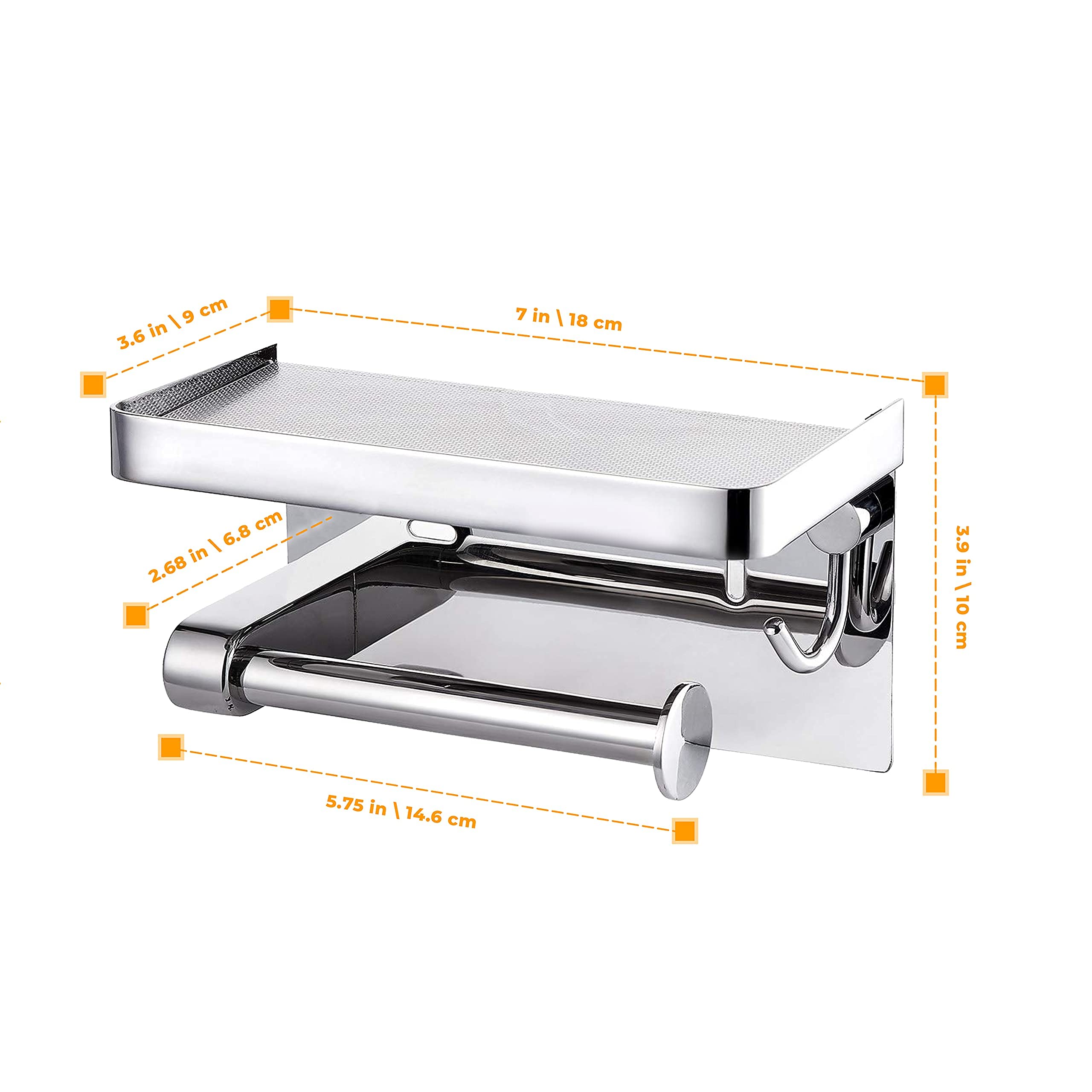 Stainless Steel Toilet Paper Holder with Phone Shelf - 304 Silver Wall Mounted Bathroom Organizer for Toilet Rolls & Wipes - Perfect for Modern Bathrooms, Small Spaces & Convenient Phone Storage