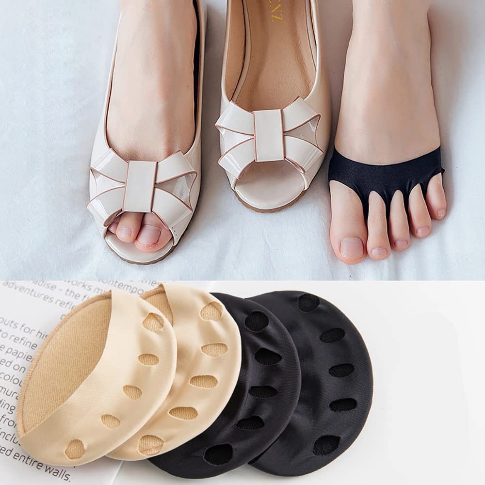 Fapiwen Forefoot Cushion Pads - Metatarsal Support Invisible Socks for Women & Men - Non-Slip Toe Socks with Reusable Gel Pads - Perfect for Sandals, High Heels & Ballet Flats (2 Pairs - Nude & Black) | Comfort for Long Wear, Dance & Fashion Shoes