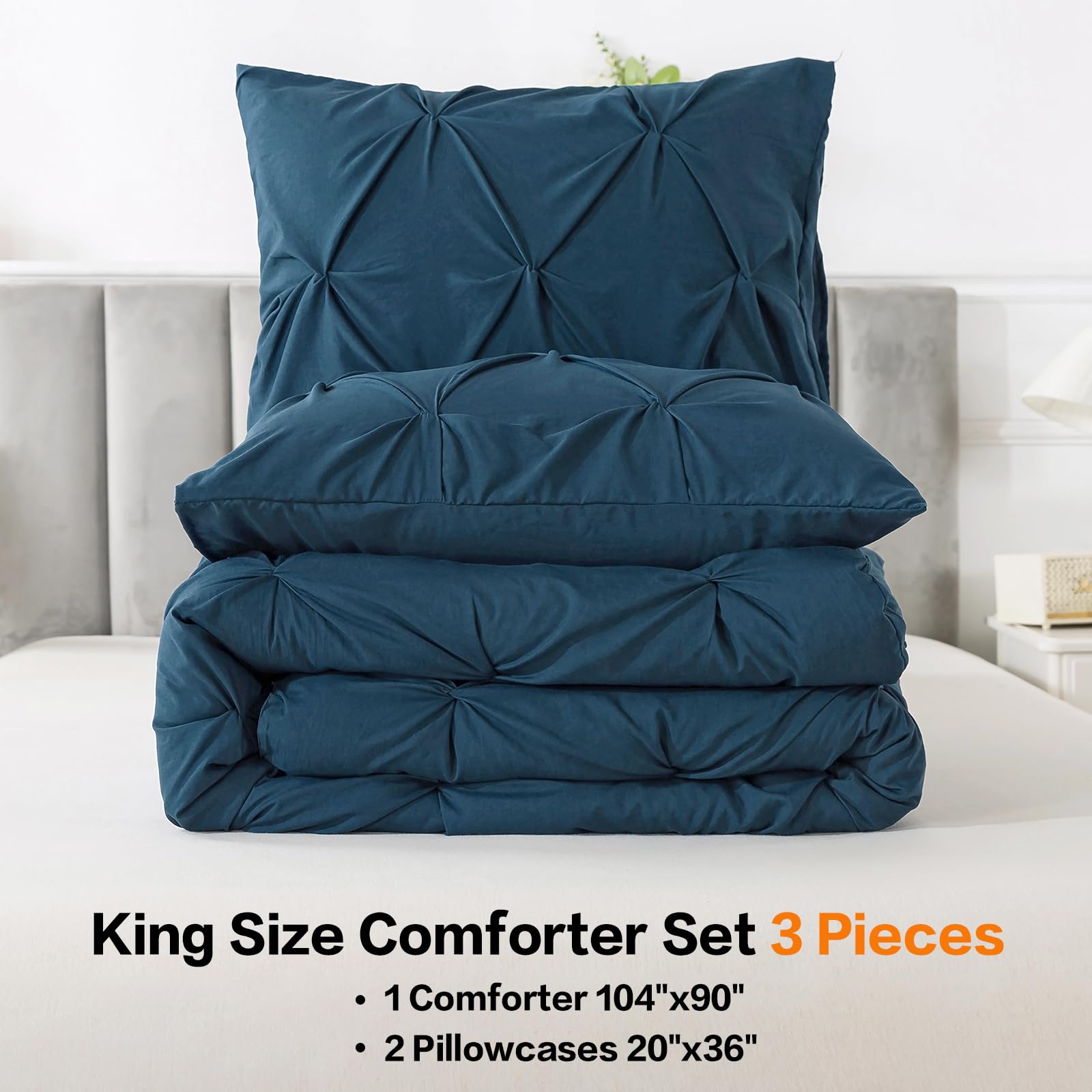 Andency Navy Blue Comforter Set King Size - 3 Piece All Season Pintuck Bedding Set with Soft Fluffy Microfiber, Luxury Bedroom Decor for Master Bedroom, Guest Room & Dorm (King Size)