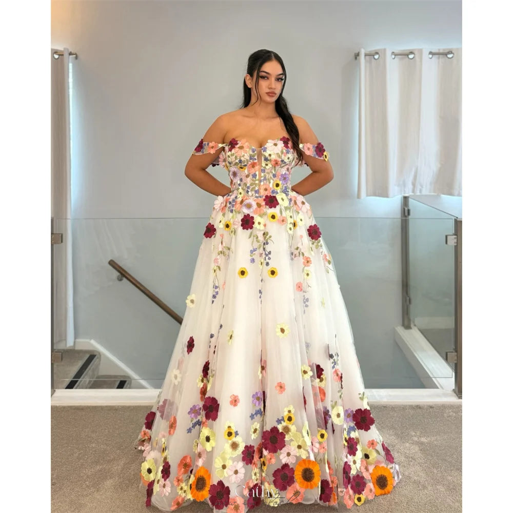 3D Floral Off Shoulder A-Line Wedding Dress with Court Train & Zip Back - Elegant Bridal Gown for Beach, Garden, and Church Weddings