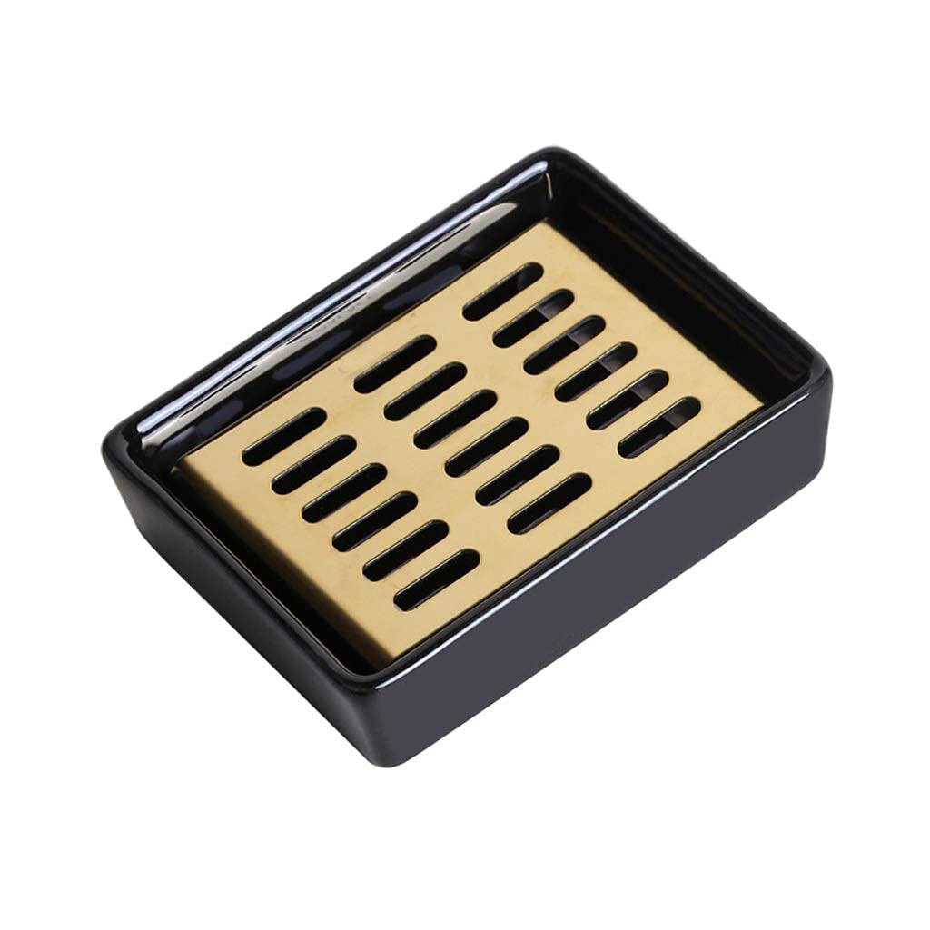 Ceramic Soap Dish Holder with Stainless Steel Base - Double Layer Drainage Soap Box for Bathroom, Kitchen & Shower - Black - Perfect for Keeping Countertops Dry and Organized