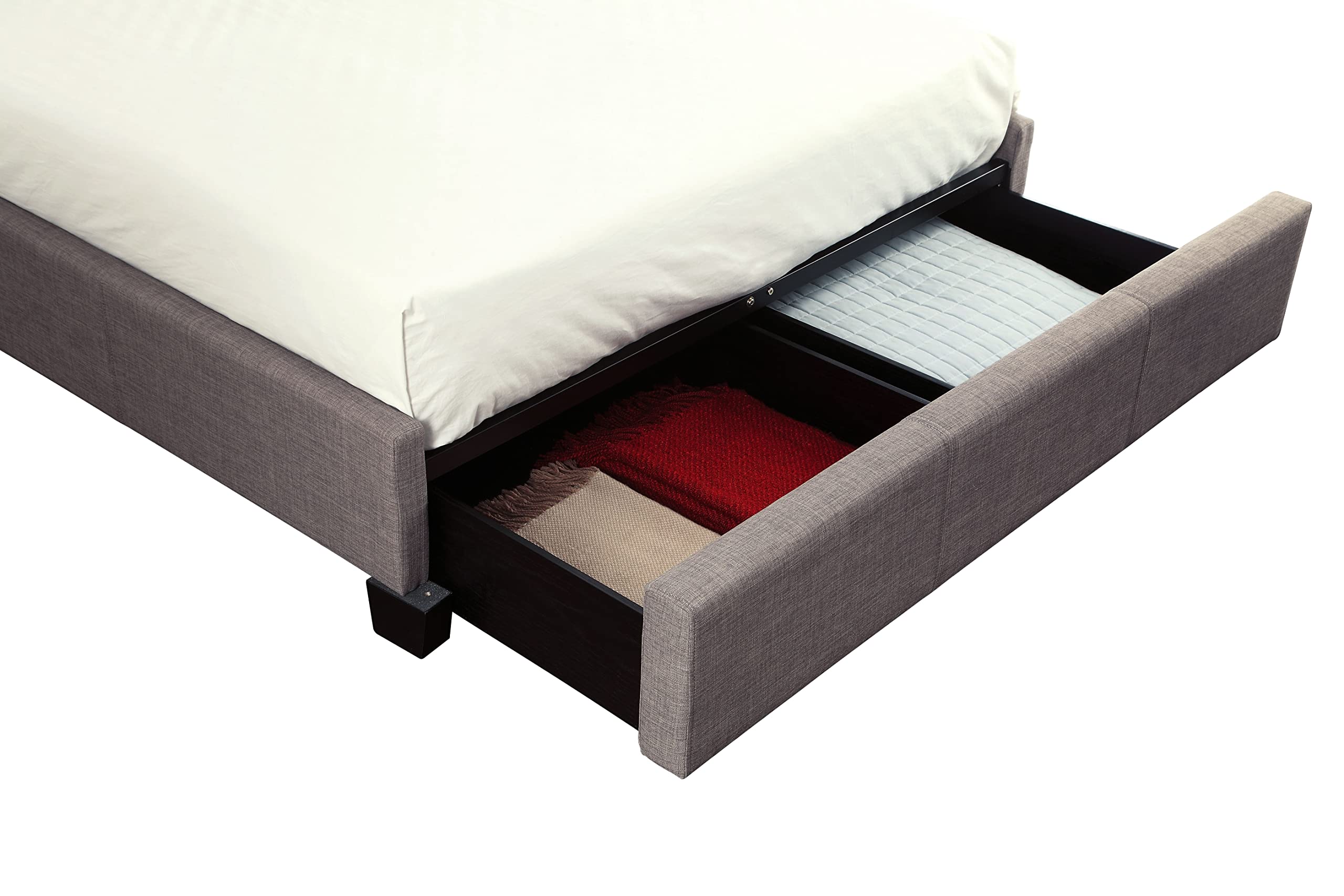 Modus Furniture Solid Wood Queen Size Storage Bed with Footboard - Madeleine Collection in Dolphin Linen | Space-Saving Bedroom Solution for Small Apartments & Guest Rooms