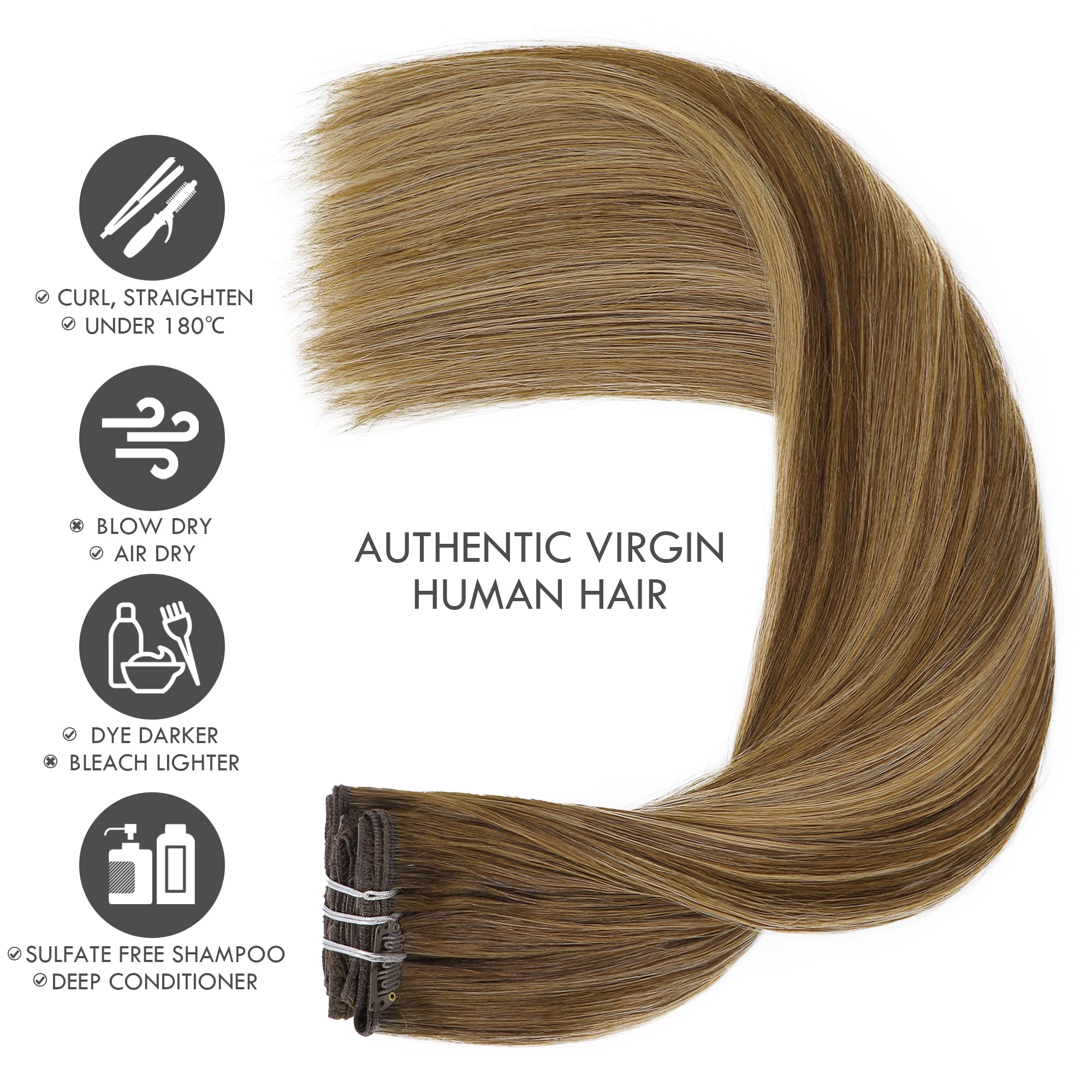 22 Inch Clip In Hair Extensions - Real Human Hair, Hand Tied Weft, Balayage Chocolate Brown with Caramel Blonde Highlights - 7 Piece Set for Volume & Length | Perfect for Parties, Weddings & Daily Styling