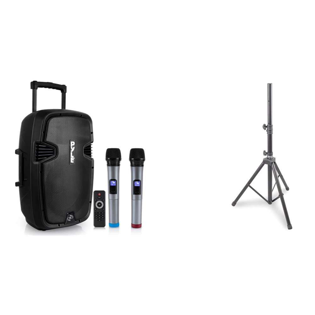 Pyle Karaoke PA Speaker System Bundle - Portable Bluetooth Speaker with Tripod Stand, 2 Wireless Microphones & Accessories for Home Parties, Outdoor Events & Professional Performances