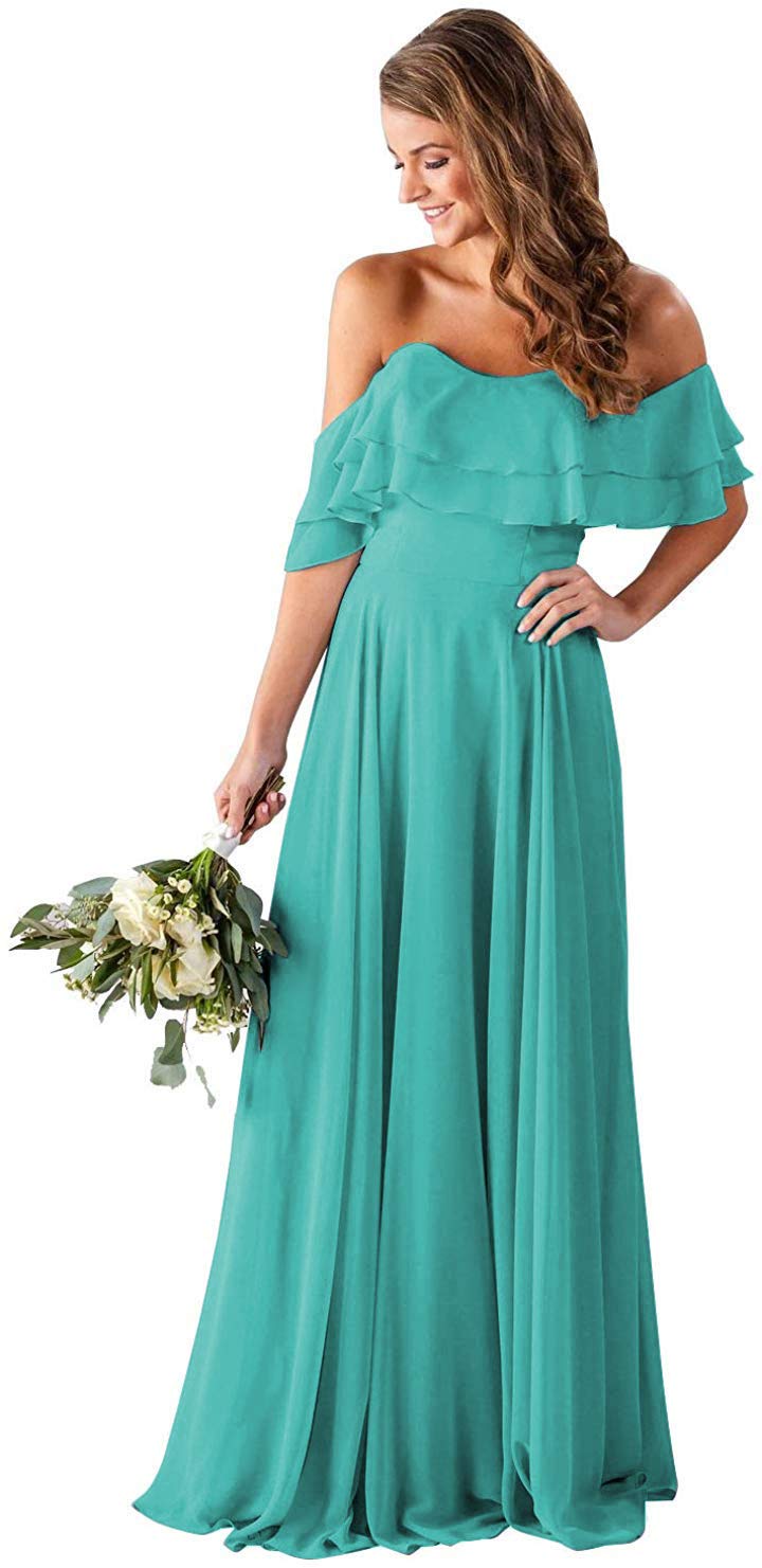 Elegant Off Shoulder Chiffon Bridesmaid Dresses - Long Formal Gowns for Women with Pockets | Perfect for Weddings, Parties & Special Occasions