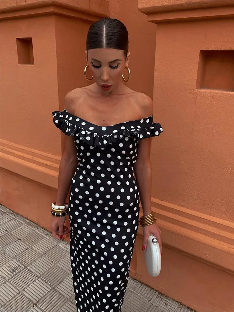 Elegant Polka Dot Print Ruffles Maxi Dress for Women - Strapless Slash Neck Backless Party Dress | Sexy Clubwear & Evening Gown for Night Out, Date Night, Cocktail Party