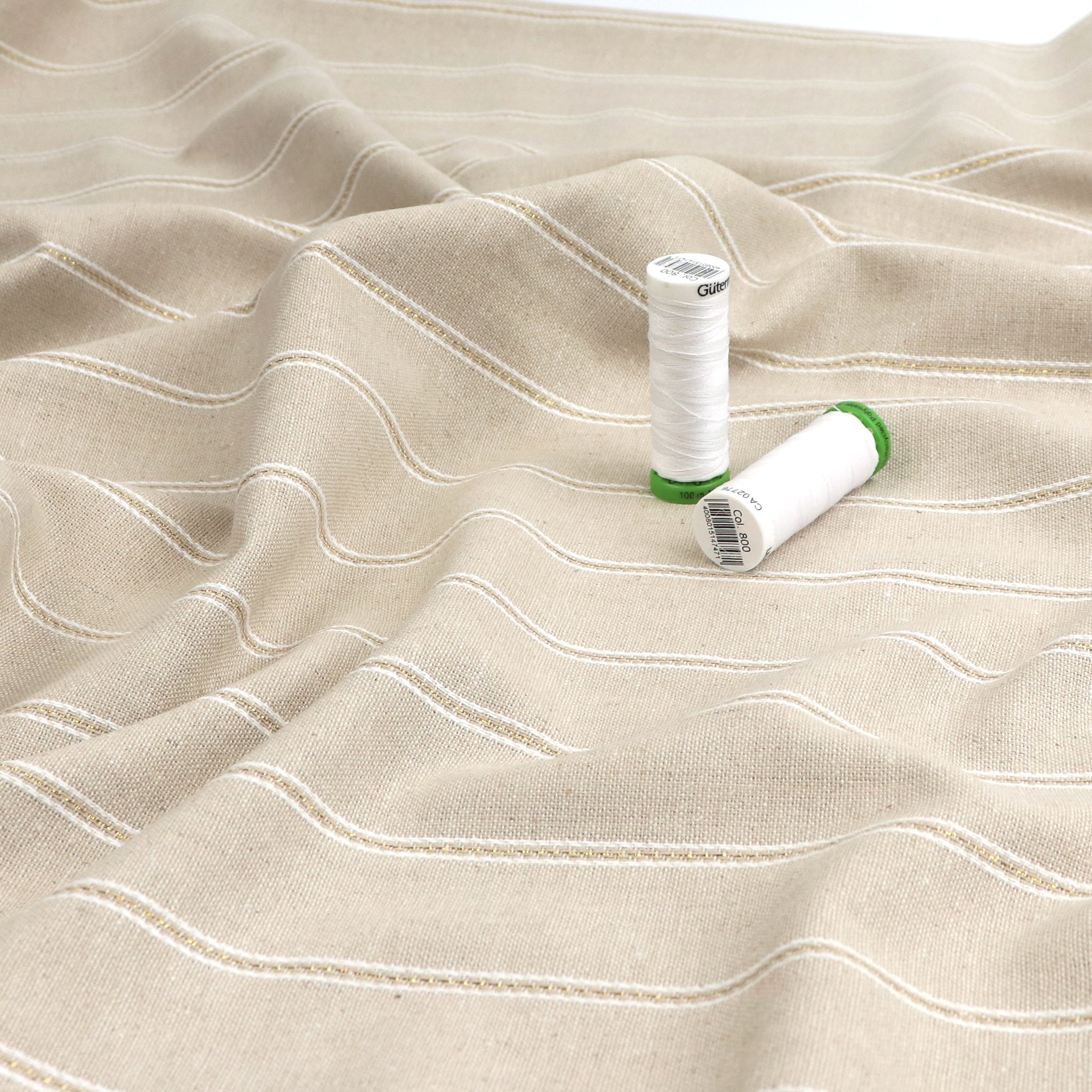 Premium Viscose Linen Blend Fabric with Gold Pinstripe - Lightweight & Breathable Material for Summer Dresses, Blouses, and Home Decor