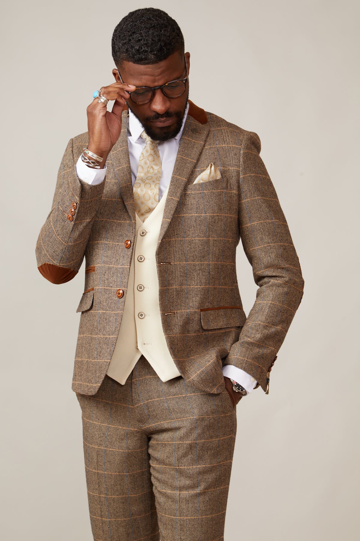 DX7 Tan Tweed Check Suit with Kelvin Cream Waistcoat - Classic 3-Piece Wedding & Business Formal Attire for Men