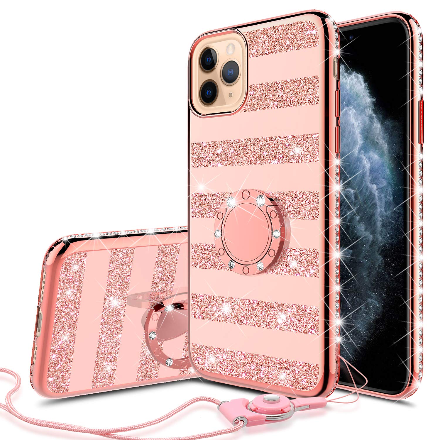 Sparkly Glitter iPhone 11 Pro Max Case with Kickstand - Bling Rhinestone Diamond Bumper, Soft Thin Protective Cover for Women (Rose Gold Stripe) | Perfect for Parties, Dating & Everyday Glam