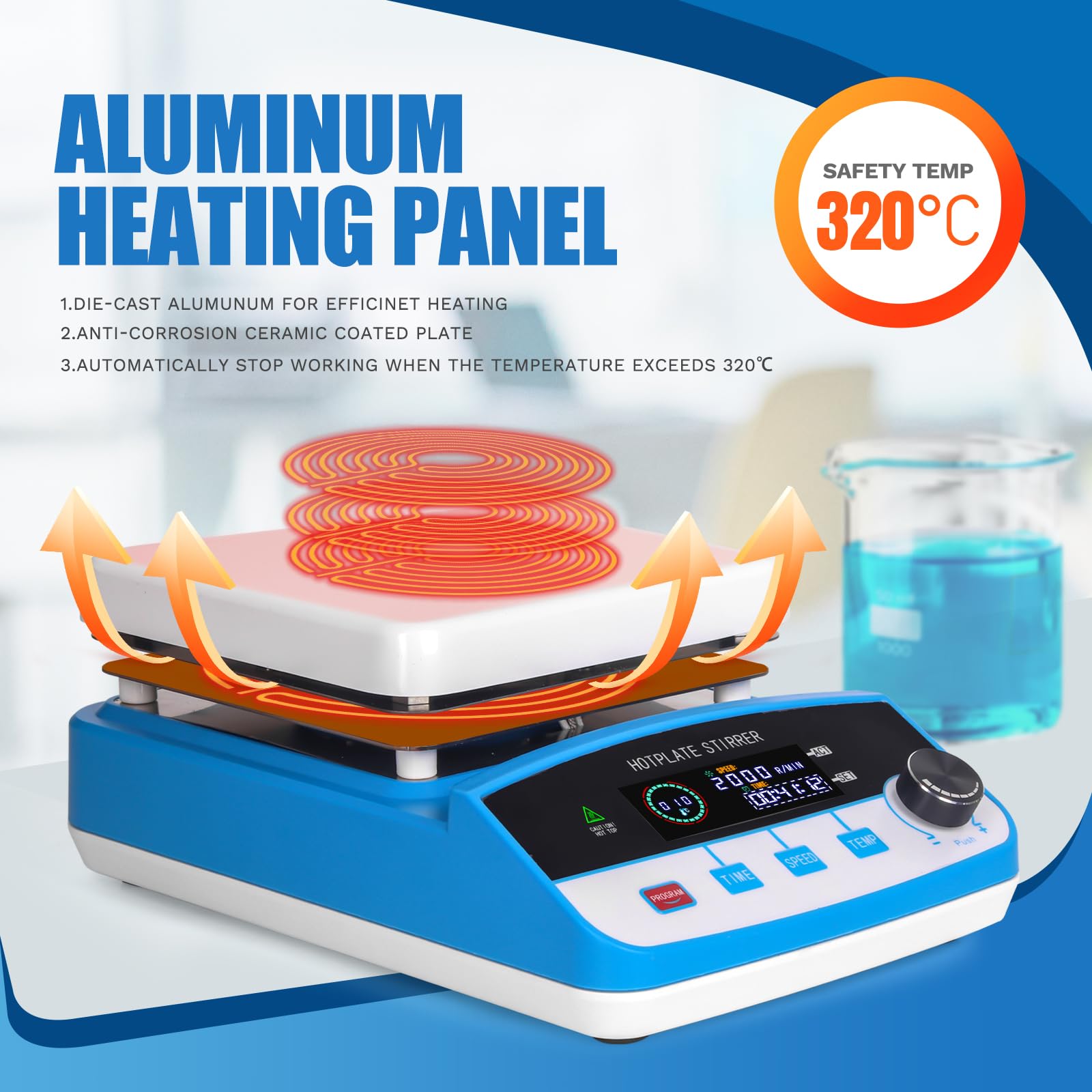6L Magnetic Stirrer Hot Plate with Digital Display - 520℉/300℃ Max Temperature, 100-2000 RPM, Includes Temp Probe & Stir Bars - Perfect for Chemistry Labs, Scientific Research & Industrial Mixing
