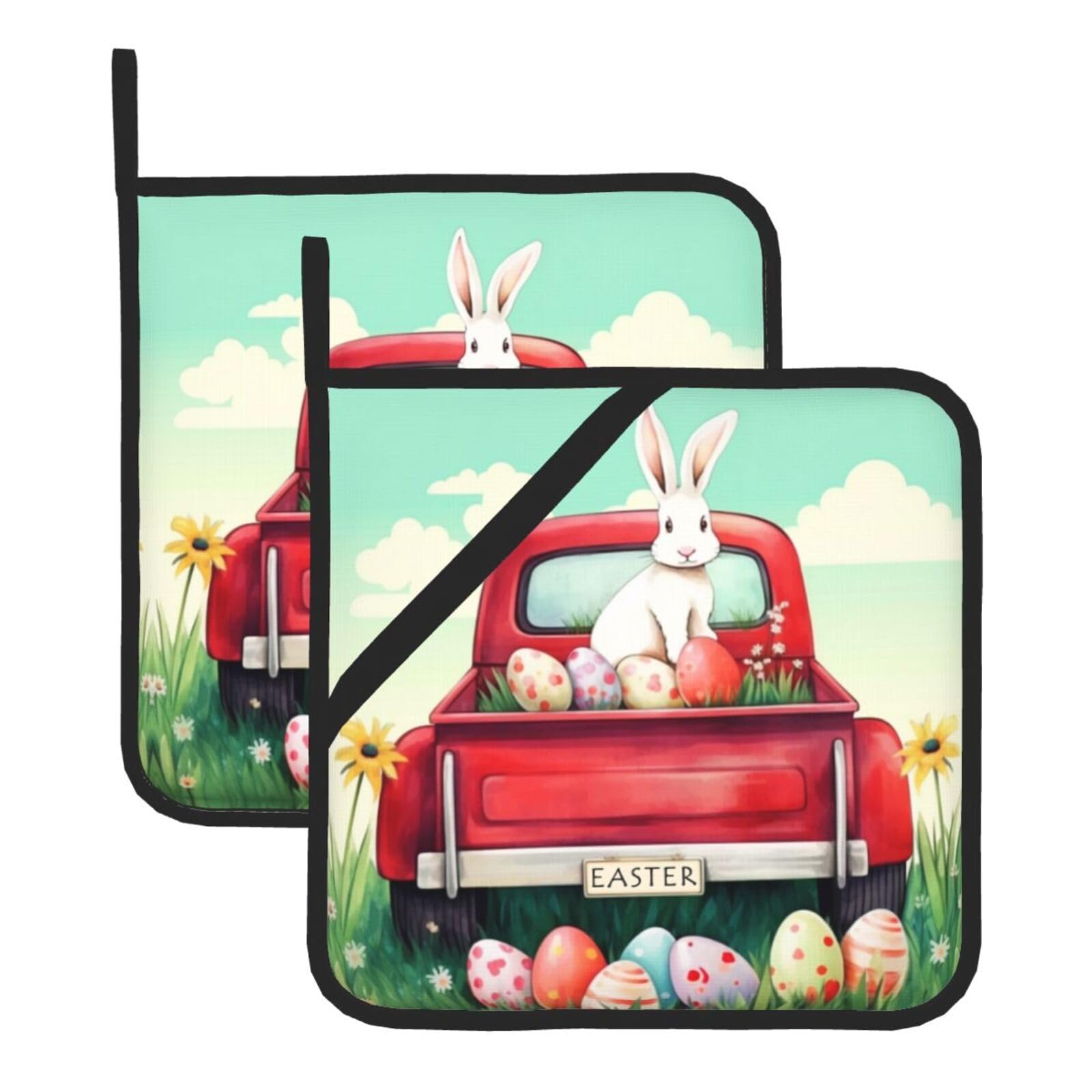 Easter Bunny Rabbit Red Truck Pot Holders Set of 2 - Heat Resistant Kitchen Hot Pads for Cooking, Baking, Grilling - Perfect for Easter Decor & Holiday Kitchen Gifts