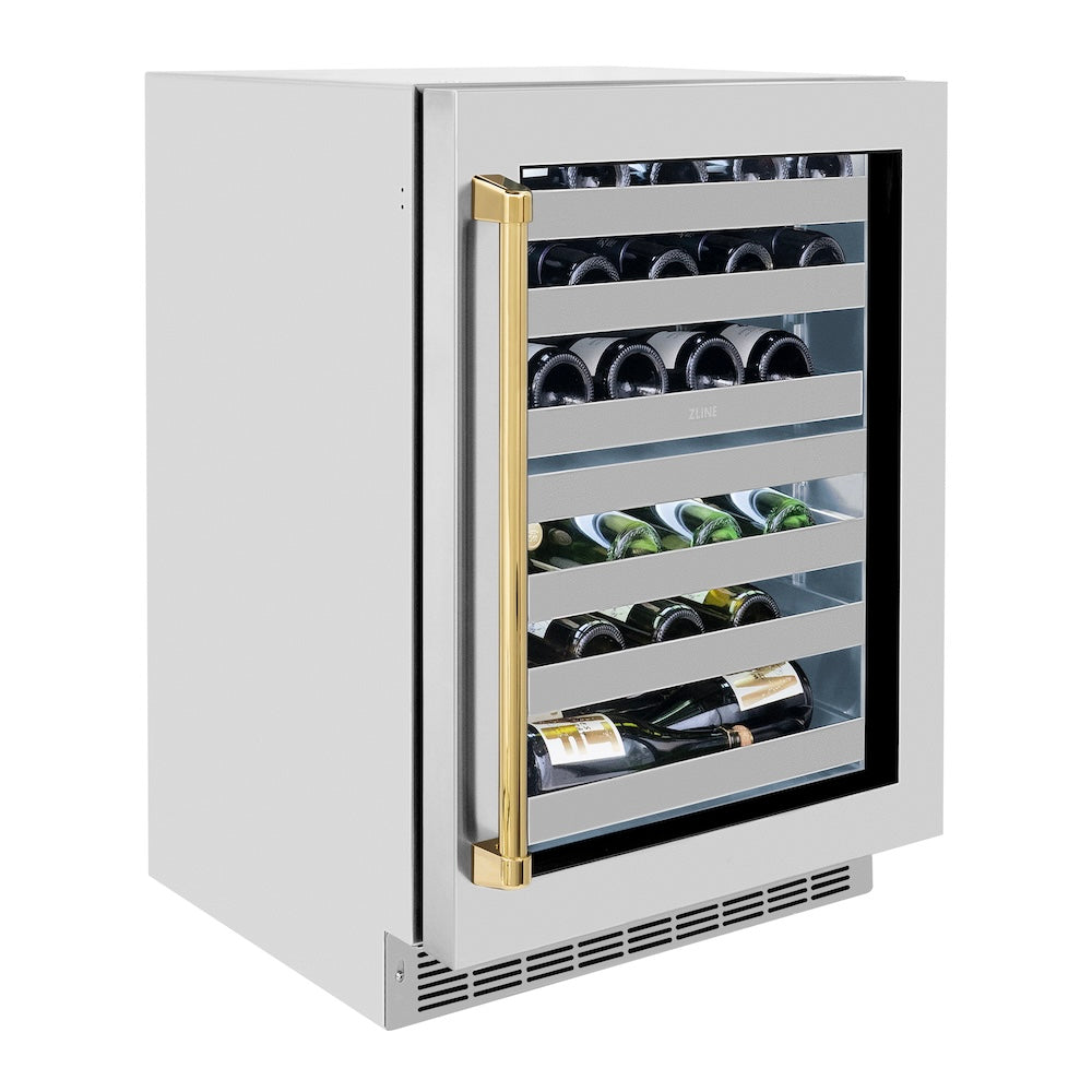 ZLINE Autograph Edition 24 Inch Dual Zone 44 Bottle Wine Cooler with Stainless Steel Glass Door & Polished Gold Handle - Built-In/Free Standing Wine Fridge for Kitchen, Dining Room or Wine Cellar (RWDOZ GS 24 G)