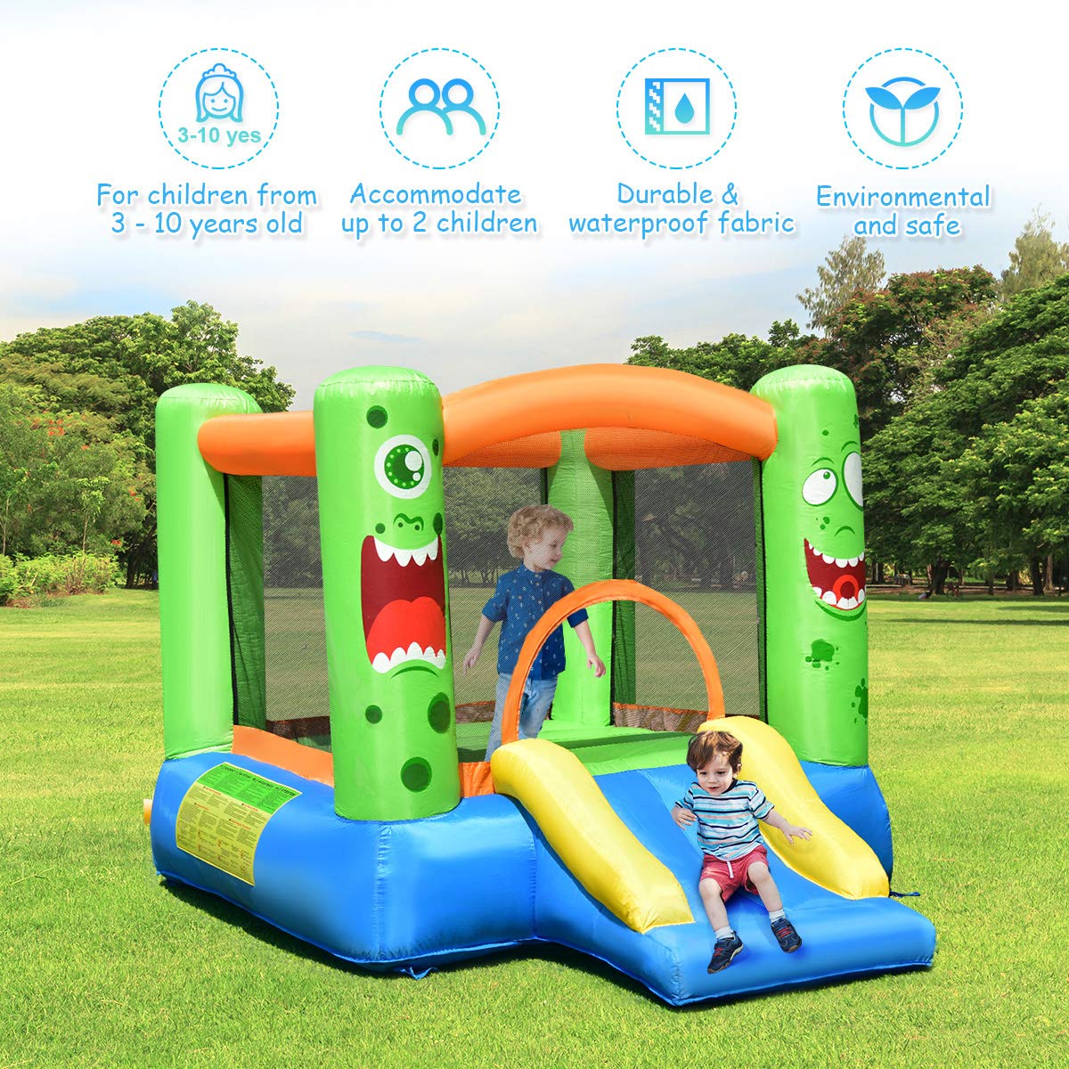 Costzon Inflatable Water Slide Bouncer Castle for Kids - Outdoor Bounce House with Basketball Hoop, Climbing Wall, Splash Pool & Water Cannon | Includes 475W Blower & Carrying Bag | Perfect for Backyard Parties, Summer Fun & Outdoor Play