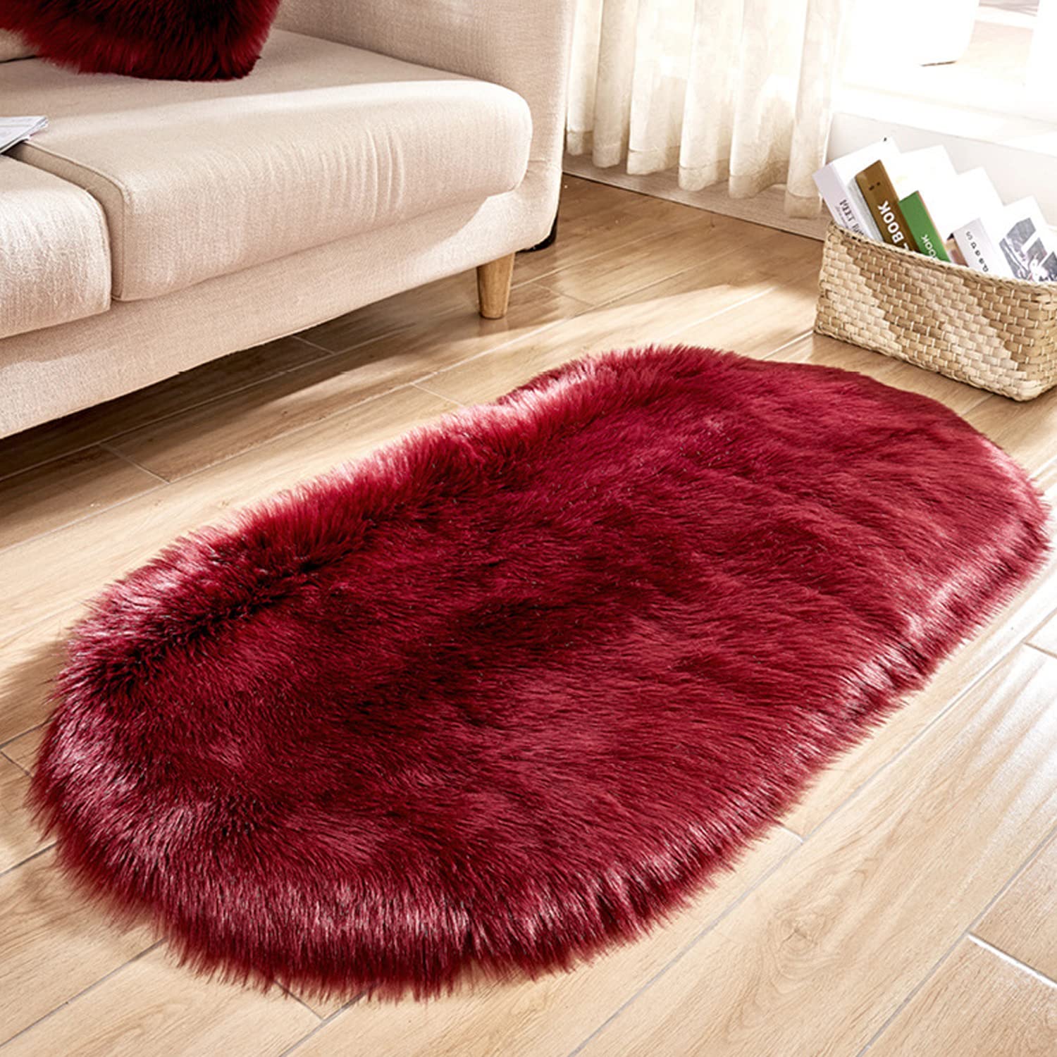 CHITONE Faux Fur Oval Shag Area Rug - Soft Plush Sheepskin Rug for Kids Room, Nursery, Bedroom Decor (6.6ft x 10ft, Burgundy) - Perfect for Playroom Floor, Cozy Reading Nook & Winter Home Warmth