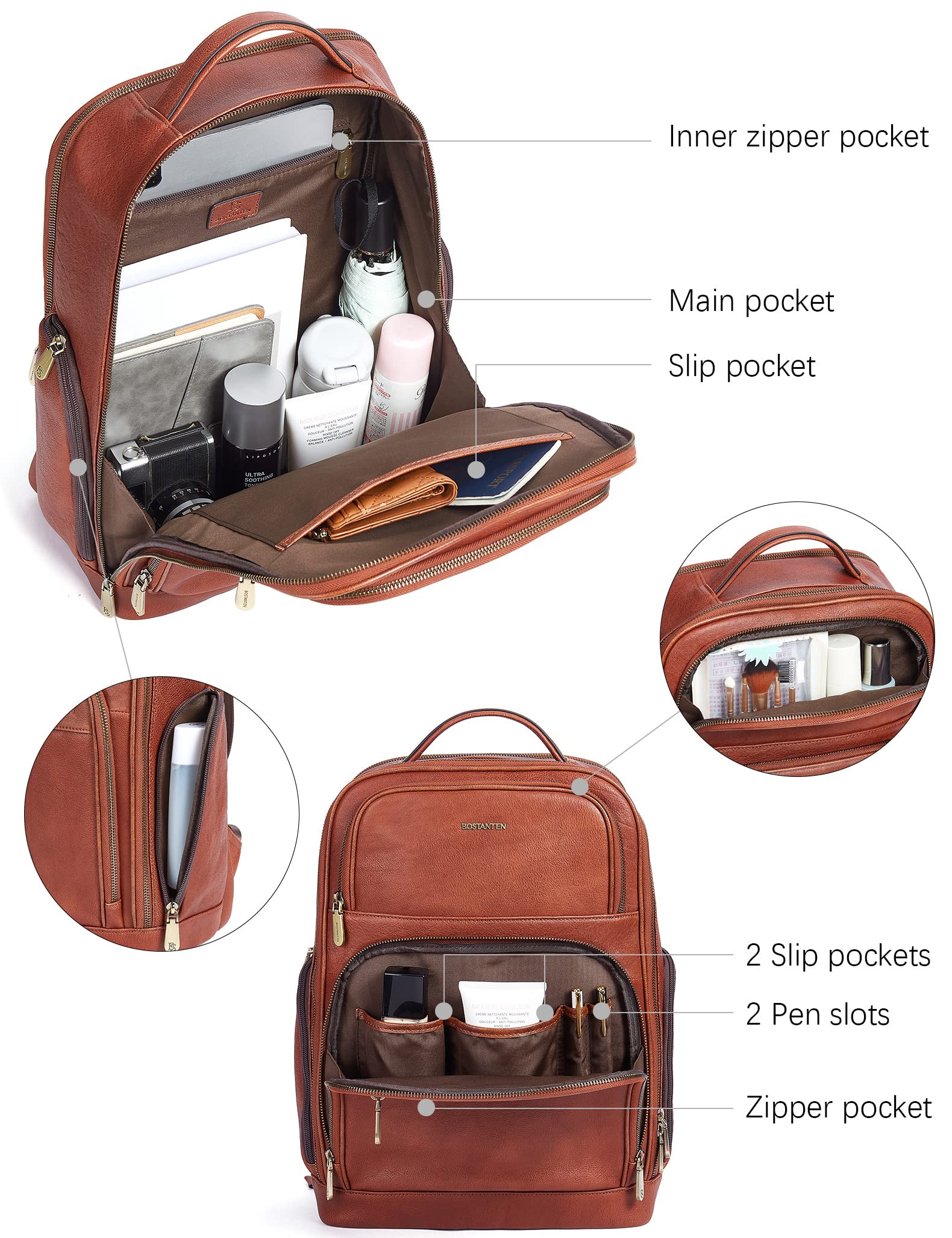 BOSTANTEN Genuine Leather Backpack for Men - 15.6 Inch Laptop Backpack with USB Charging Port, College Travel Business Backpack - Coffee Brown - Perfect for Work, School & Daily Commute
