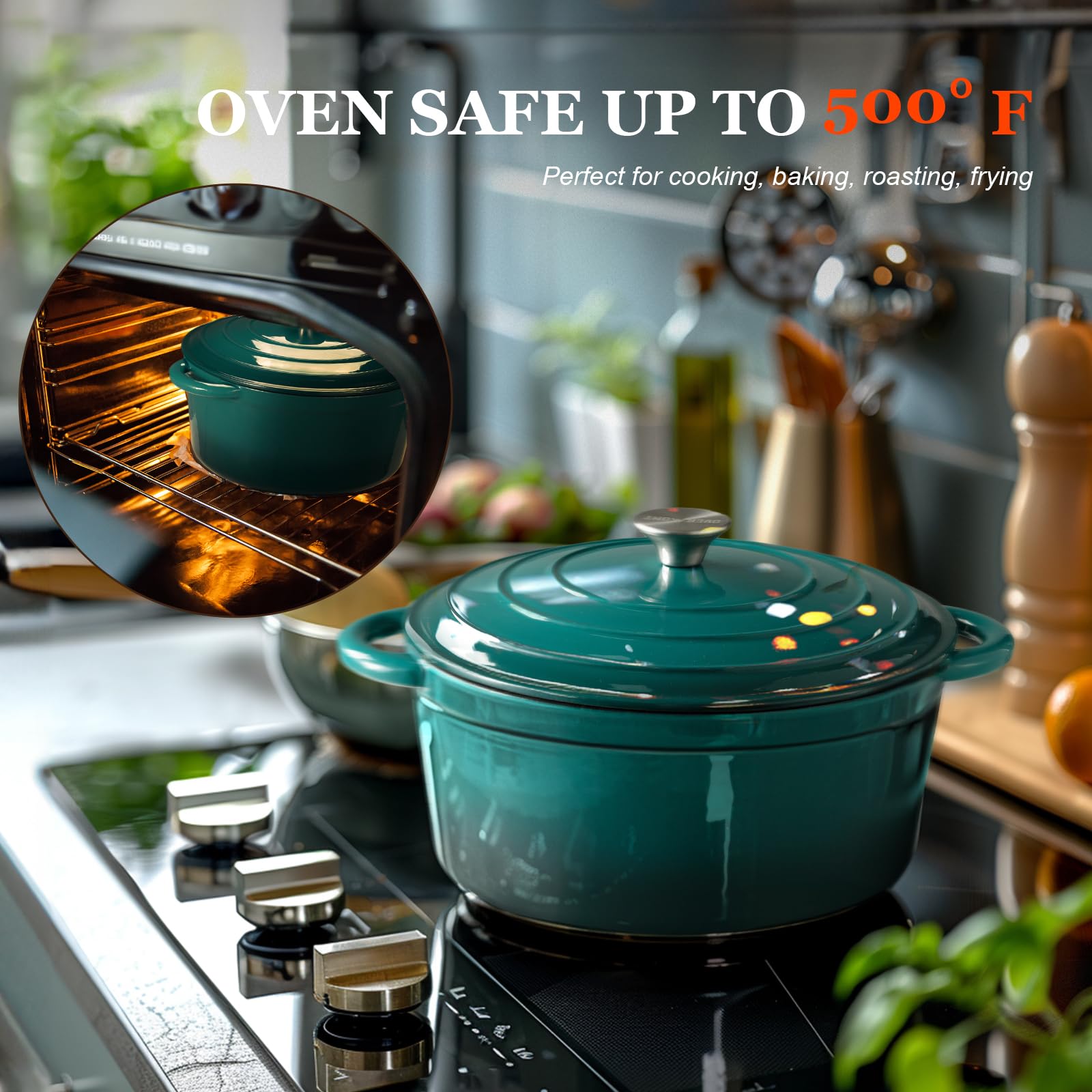 Overmont 4.5QT Enameled Cast Iron Dutch Oven with Lid - Heavy Duty Cookware for Braising, Stewing, Roasting & Bread Baking - Includes Free Cookbook & Cotton Potholders - Perfect for Kitchen, Camping & Outdoor Cooking (Bottle Green)