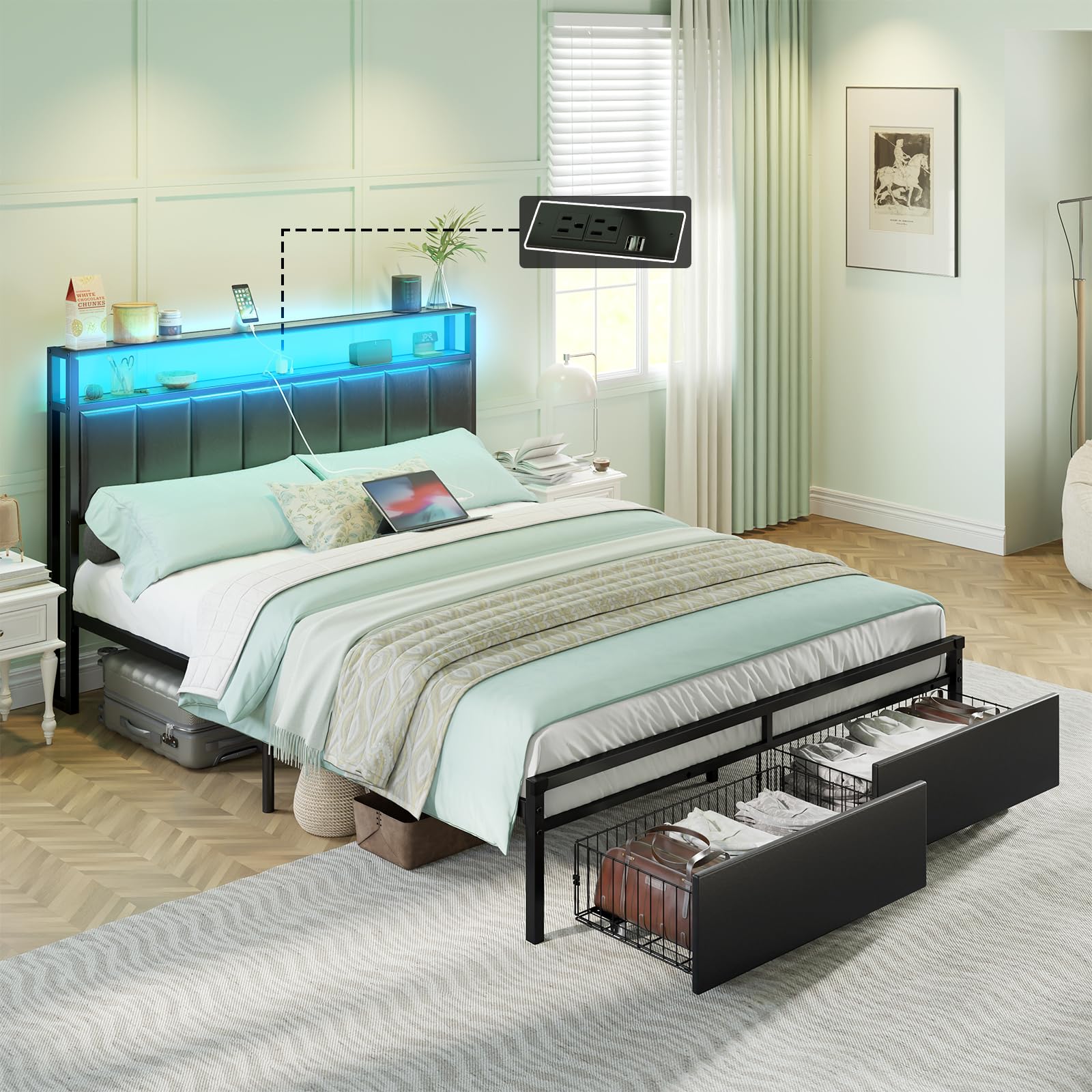 AMERLIFE Queen LED Bed Frame with 2-Tier Storage Drawers, Leather Upholstered Platform Bed with USB Charging Station Headboard - No Box Spring Needed, Easy Assembly, Noise Free, Black - Perfect for Modern Bedrooms, Small Spaces & Tech-Savvy Users