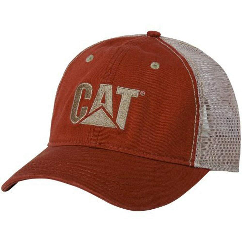 **Caterpillar Official Logo Mesh Work Cap - Adjustable Orange & Tan Hat for Construction & Outdoor Work - Durable & Breathable for Safety & Comfort**