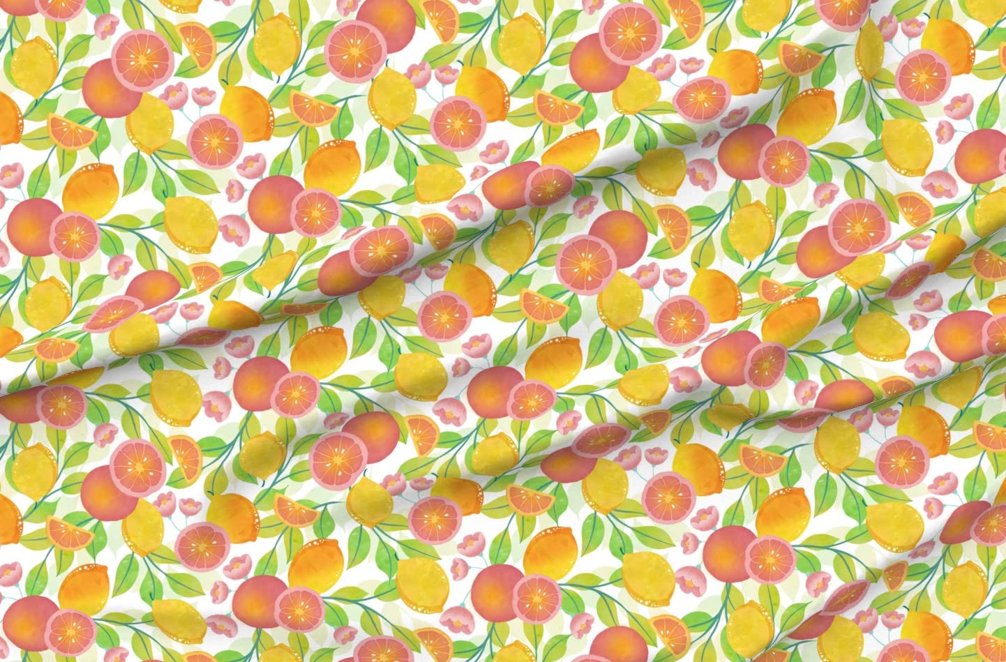 Citrus Fruit Printed Denim Fabric by The Yard - Grapefruit, Oranges & Lemons Design in Yellow, Pink & Green - Bottomweight for Apparel, Home Decor & Upholstery | Perfect for Summer Dresses, Curtains & DIY Crafts
