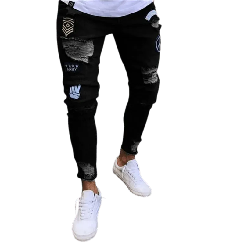 Men's Distressed Denim Jeans with Stylish Patches - Trendy Casual Pants for Streetwear & Everyday Wear