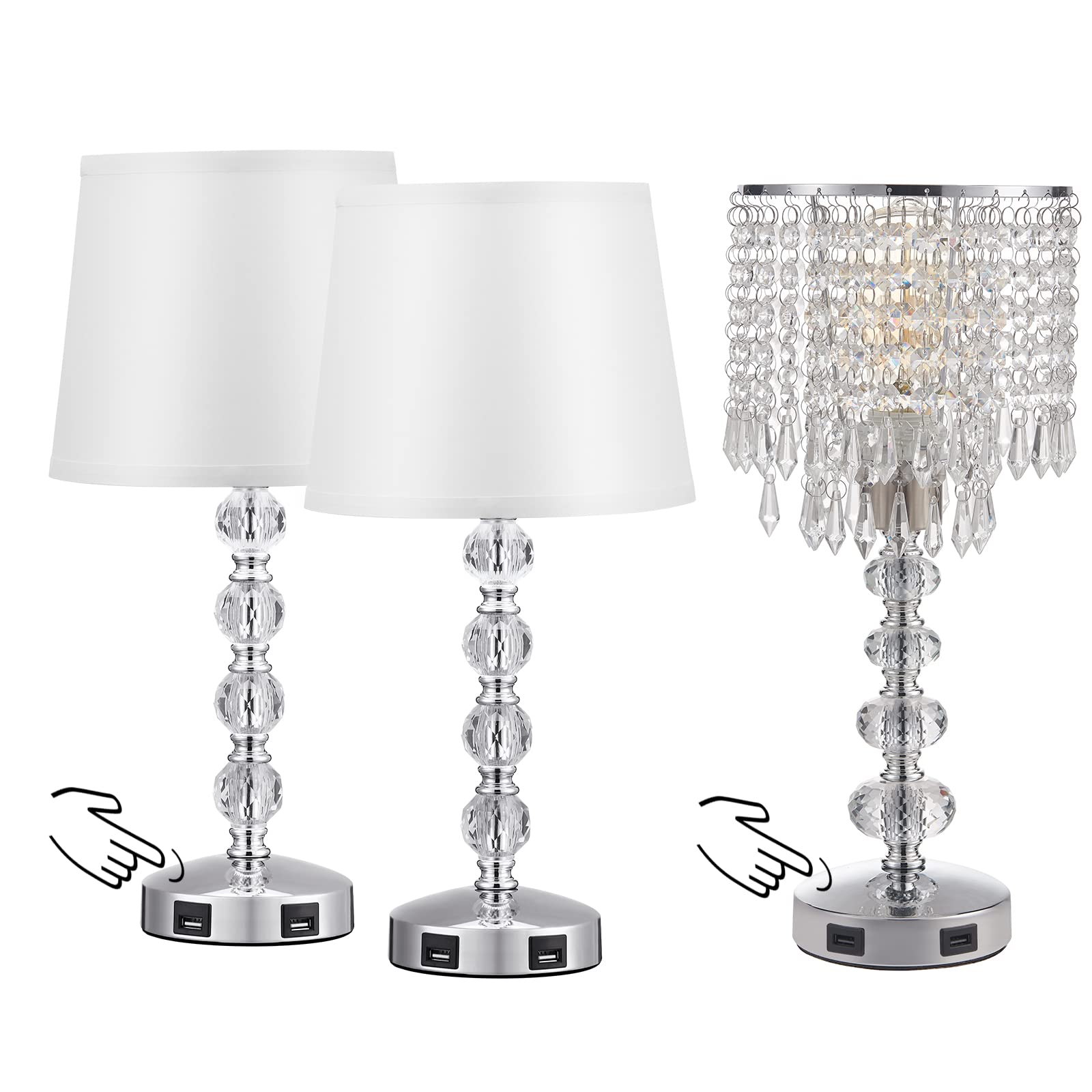 Crystal Table Lamp Set of 3 - Silver Dimmable Touch Control Nightstand Lamps with USB Charging Ports | Elegant Bedside Lighting for Bedroom, Living Room, Guest Room & Dining Room | Perfect Gift for Women & Girls