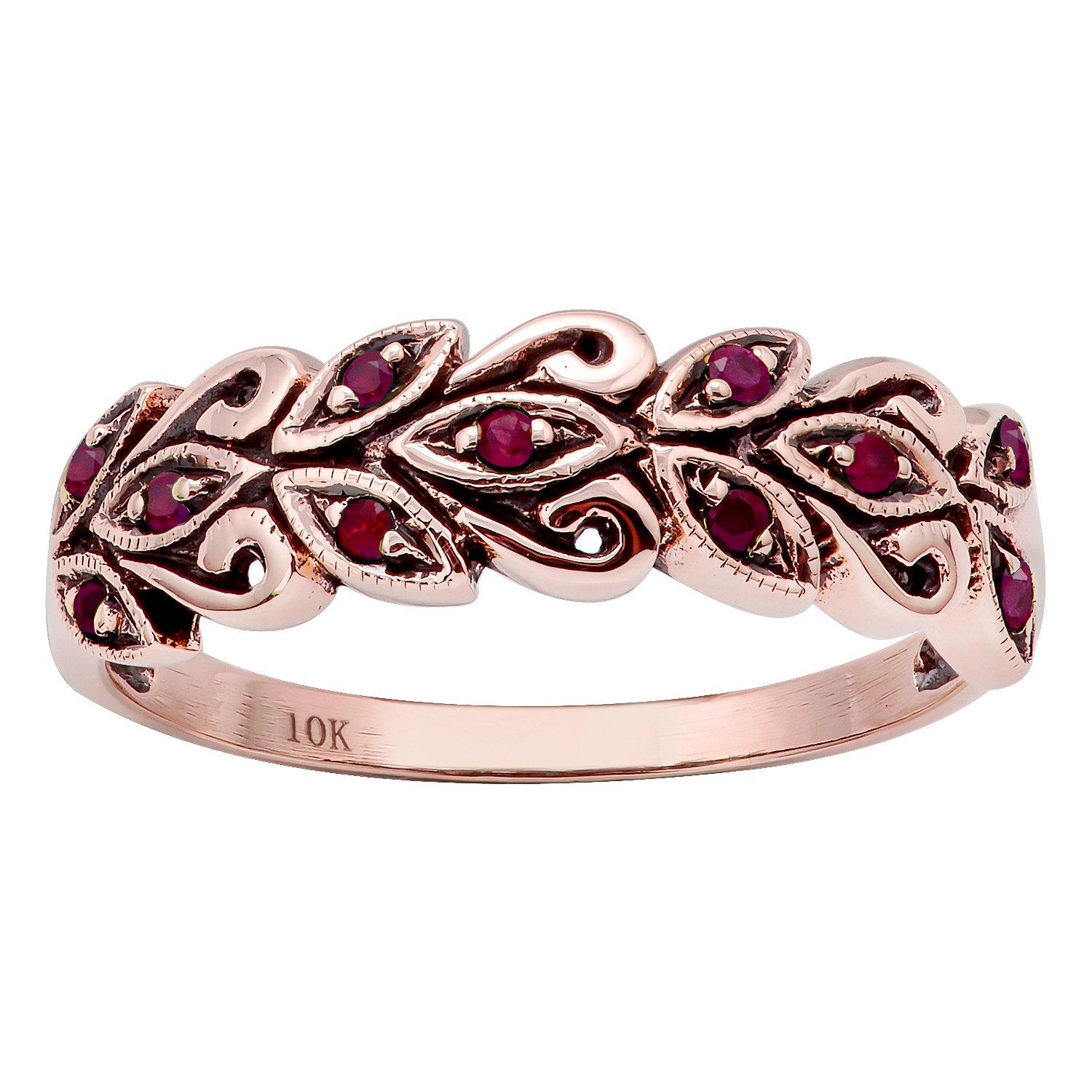 10K Rose Gold Genuine Ruby Scroll Anniversary Ring for Women - Elegant Vintage Wedding Band, Romantic Gift for Wife, Anniversary, Engagement, Valentine's Day