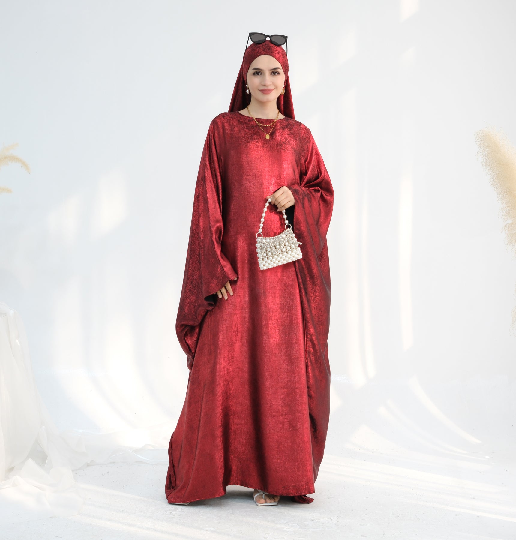 Linora Shimmer Butterfly Abaya - Elegant Ruby Embroidered Islamic Dress for Women | Perfect for Eid, Wedding & Special Occasions