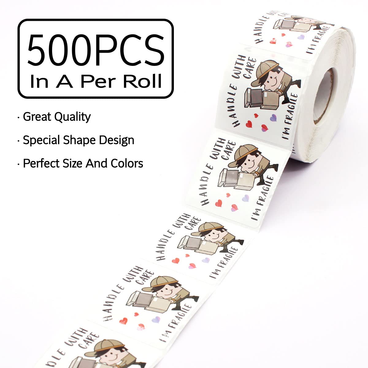 Wailozco Funny 'Handle with Care' Stickers - 500 Labels Per Roll for Small Business, Online Retailers & Handmade Goods | Perfect for Packaging, Envelopes & Shipping Labels