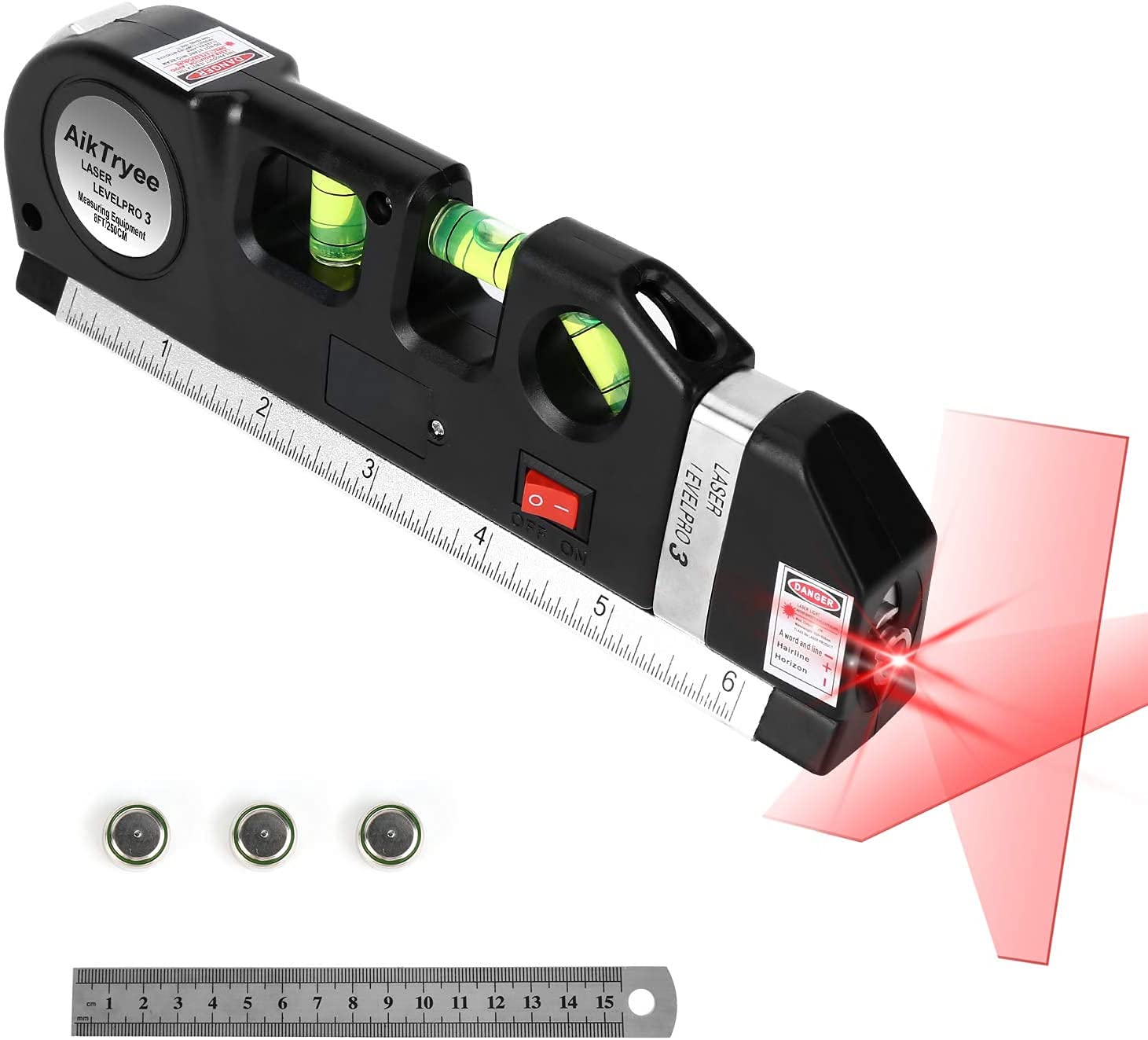 MORE BUY Self-Leveling Laser Level Tool - 360° Horizontal & Vertical Alignment with Bubble Vials, Measuring Tape & Ruler - Perfect for Construction, DIY Projects, Picture Hanging & Home Renovation (Black)