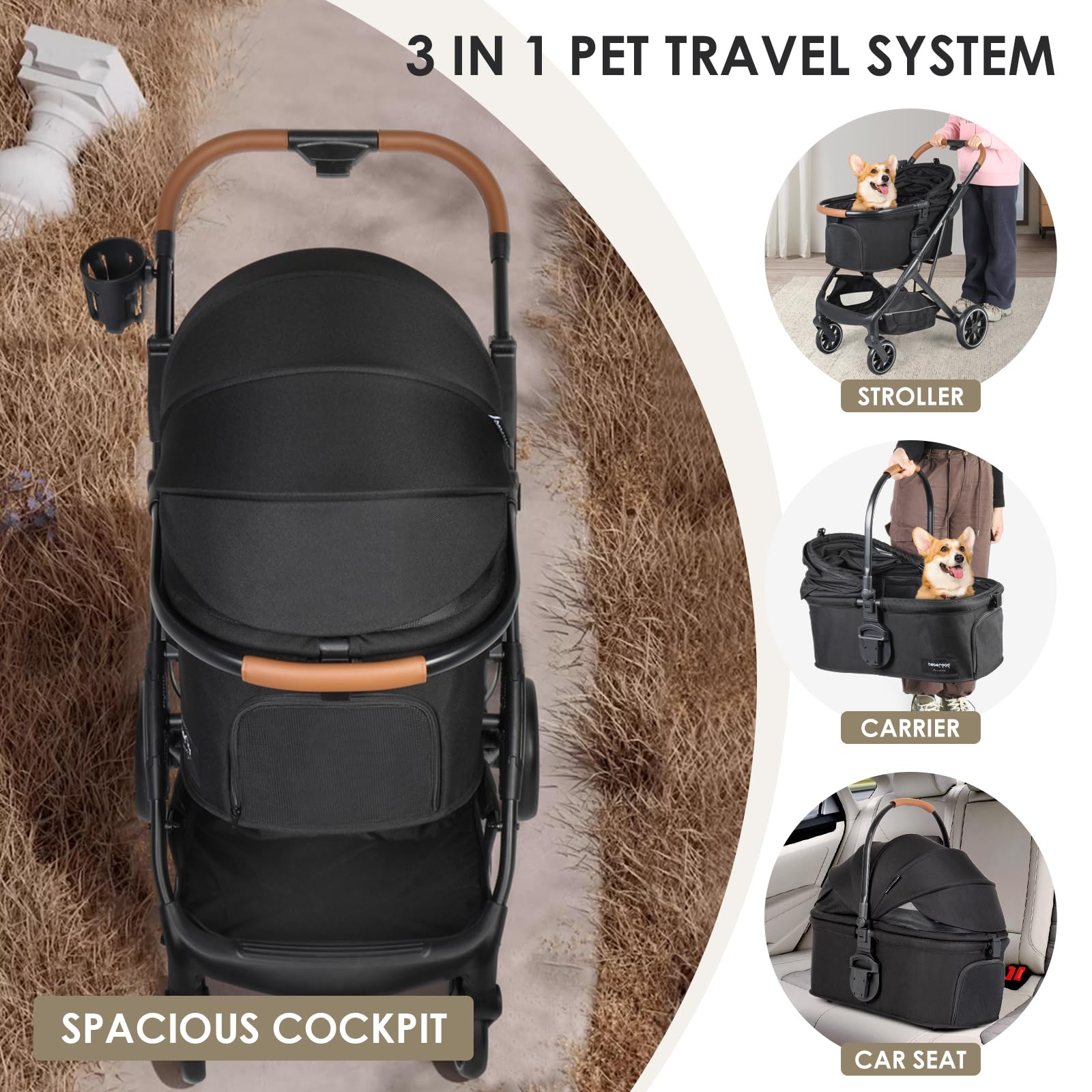 Premium T6 Luxury Pet Stroller for Medium Dogs Up to 66lbs or 2 Small Dogs & Cats - Foldable, Detachable Carrier with Wheels (Black) | Perfect for Outdoor Walks, Vet Visits & Shopping Trips
