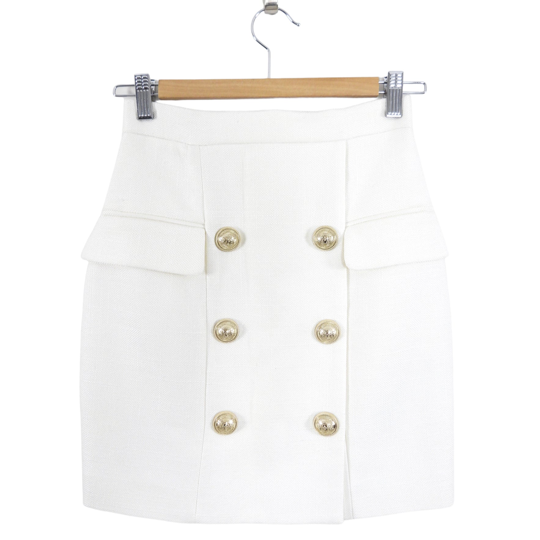 Balmain Ivory Linen Mini Pencil Skirt with Gold Buttons - Women's High Waist Slim Fit Skirt for Office, Party & Date Night - Size XS
