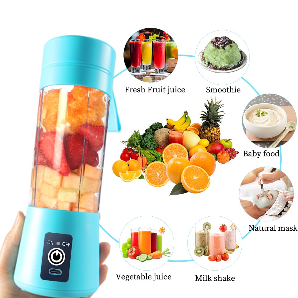 Portable USB Electric Blender Cup - 380ml Mini Blender for Smoothies, Juices & Shakes with 6 Blades | Perfect for Gym, Travel & Office (Blue)