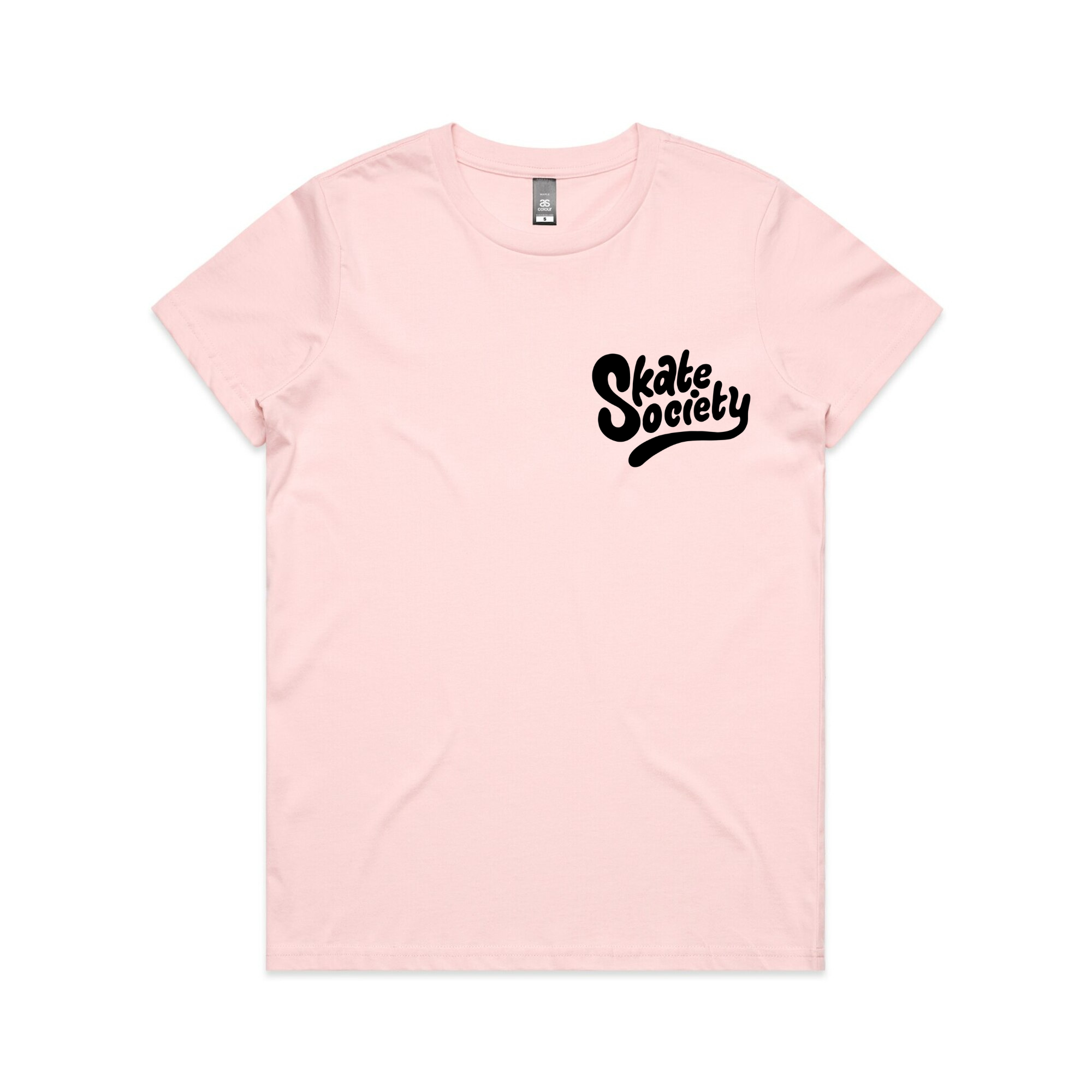 Skate Society Logo Women's T-Shirt - Soft Pink Cotton Graphic Tee for Casual Wear, Street Style & Skateboarding Outfits