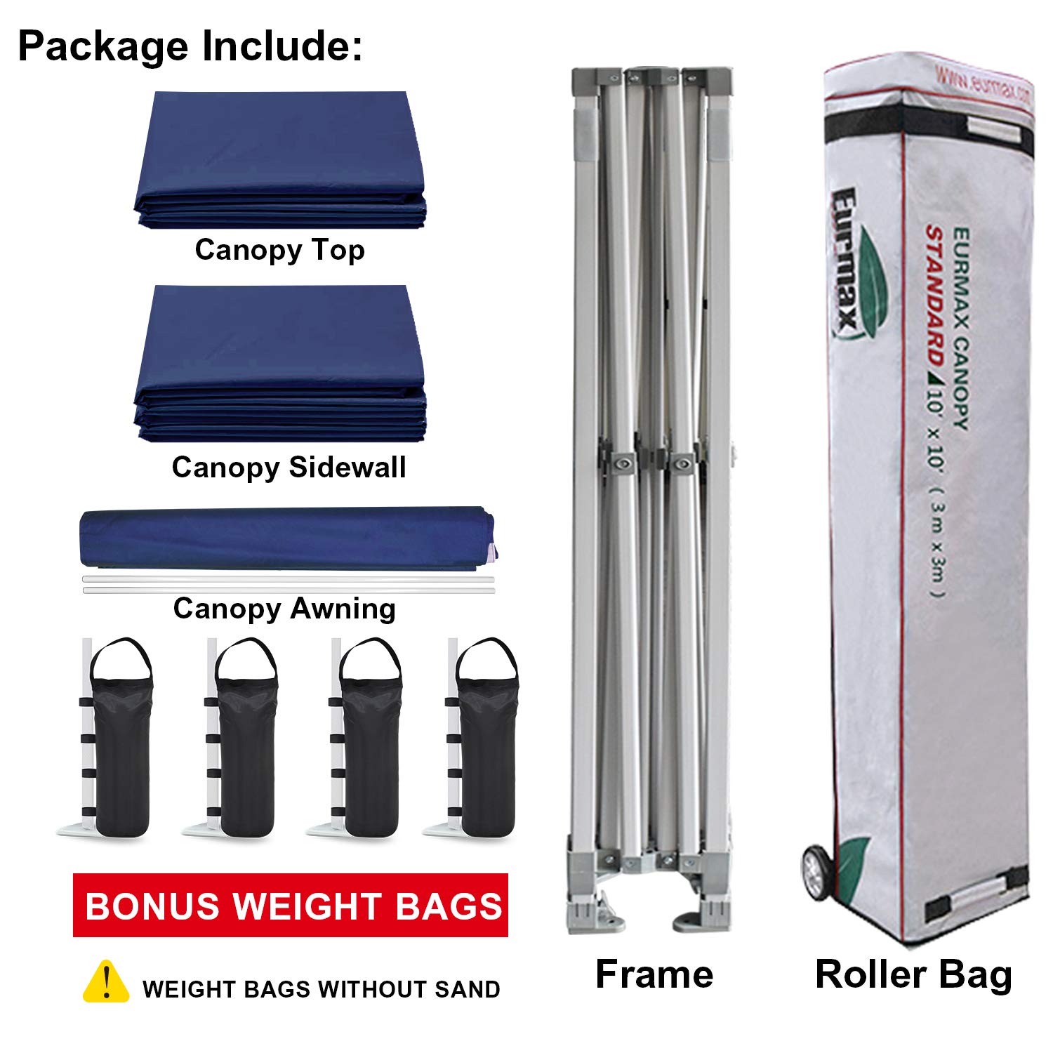 Eurmax USA 10x10 FT Commercial Pop Up Canopy Tent with 4 Removable Zippered Sidewalls, Roller Bag, 4 Sand Bags & 24 Sq Ft Extended Awning - Navy Blue - Perfect for Outdoor Parties, Farmers Markets, Beach Events & Tailgating