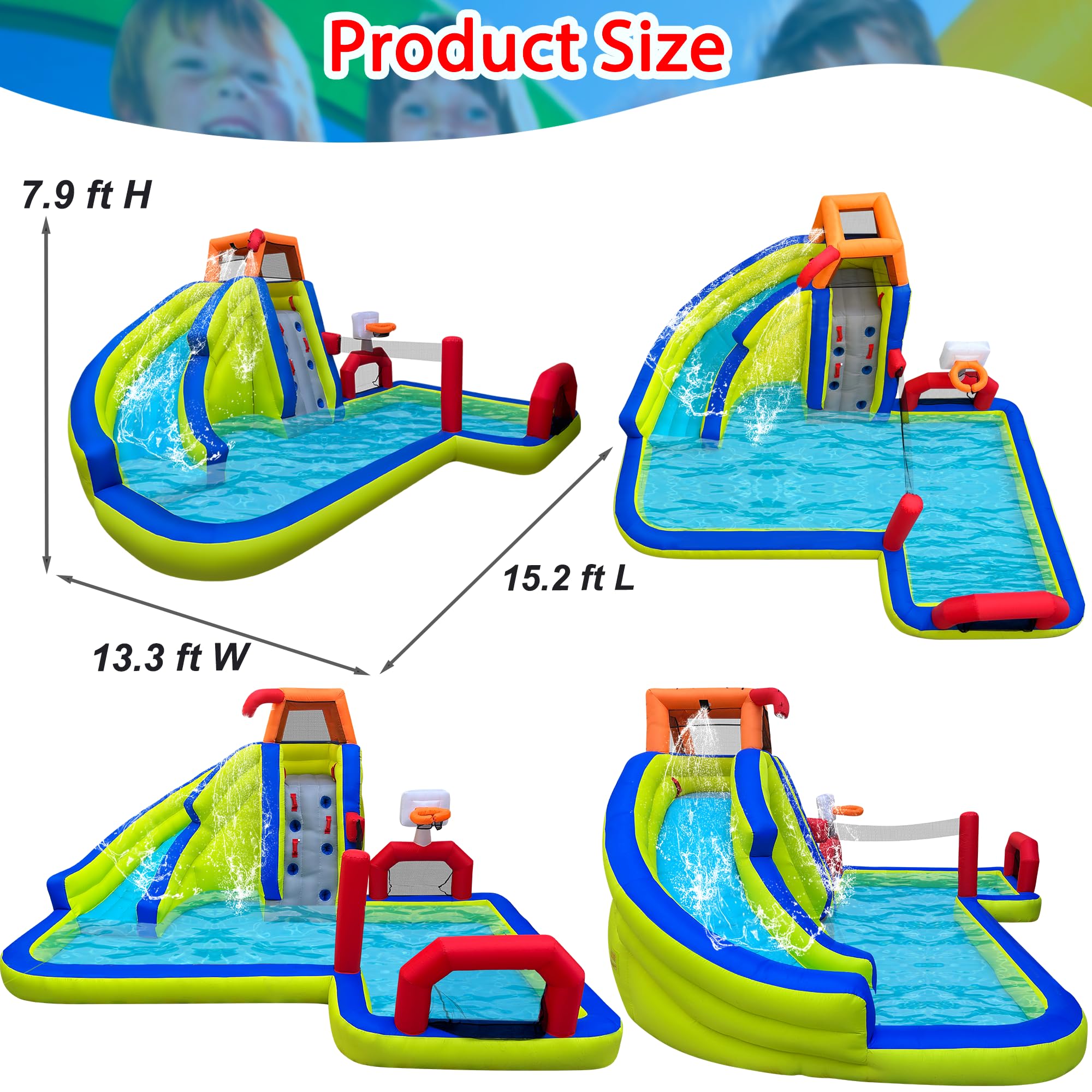 **RETRO JUMP Inflatable Water Slide - 8-in-1 Kids Water Park Bounce House with Slide, Splash Pool, Climbing Wall, Basketball Rim, Soccer Field & Volleyball Area - Includes Blower - Perfect for Backyard, Summer Parties & Outdoor Fun**