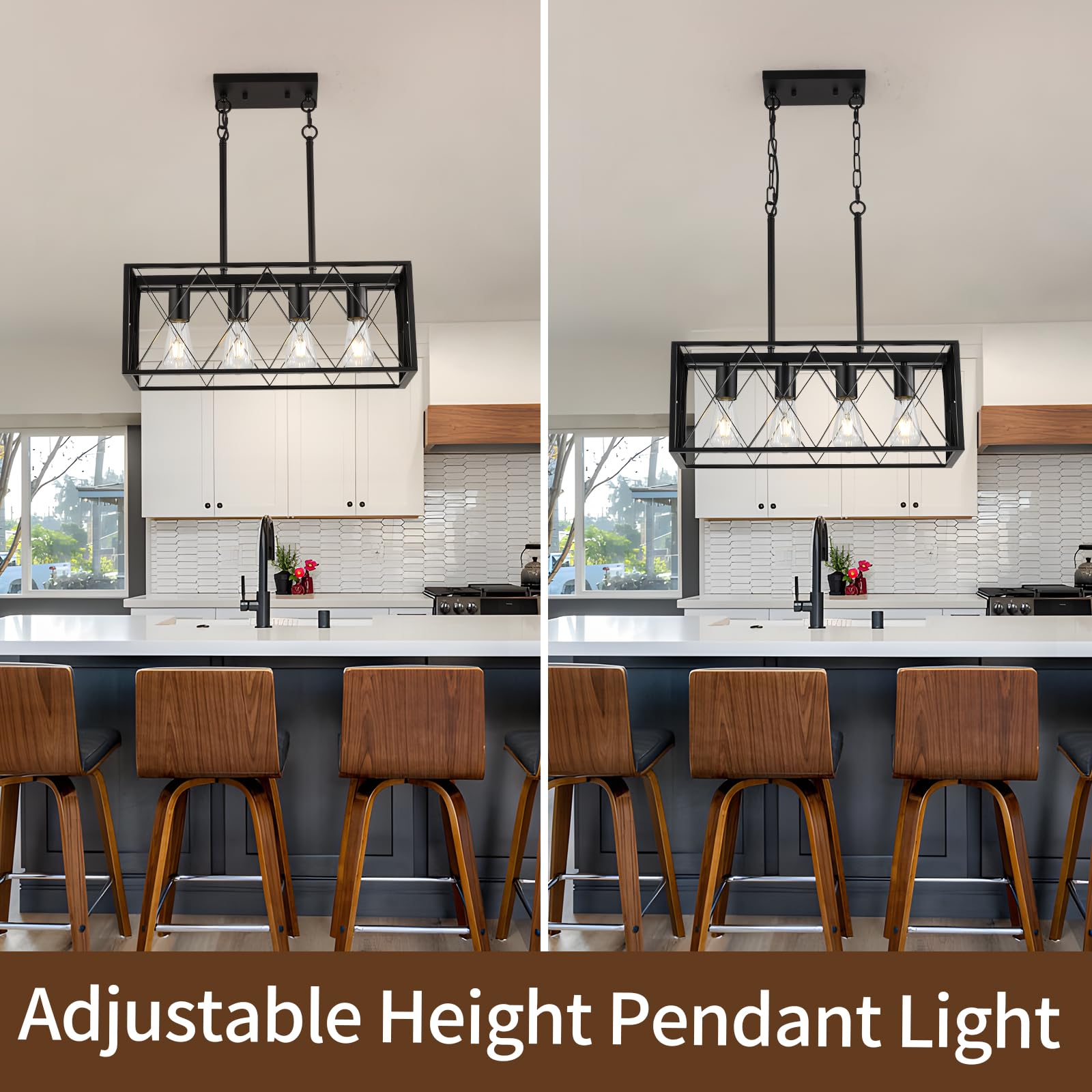 KEESFU Black Farmhouse Kitchen Island Pendant Light - Adjustable Height 4-Light Industrial Fixture for Dining Room, Living Room, Foyer & Over Sink | Perfect for Rustic Home Decor & Modern Farmhouse Style