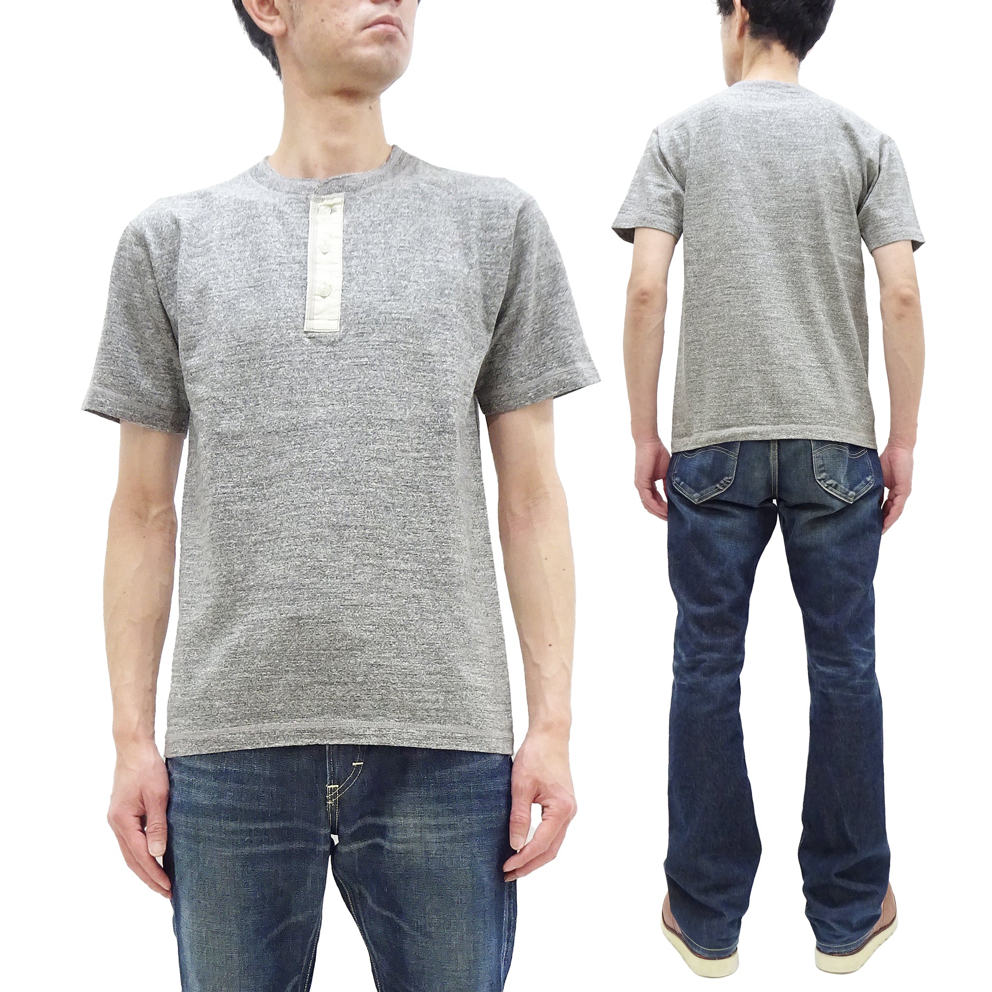 Buzz Rickson Men's Short Sleeve Henley T-Shirt - Premium Loopwheeled Slub Yarn Tee (BR79192) in Heather Gray - Perfect for Casual Wear & Vintage Style Outfits