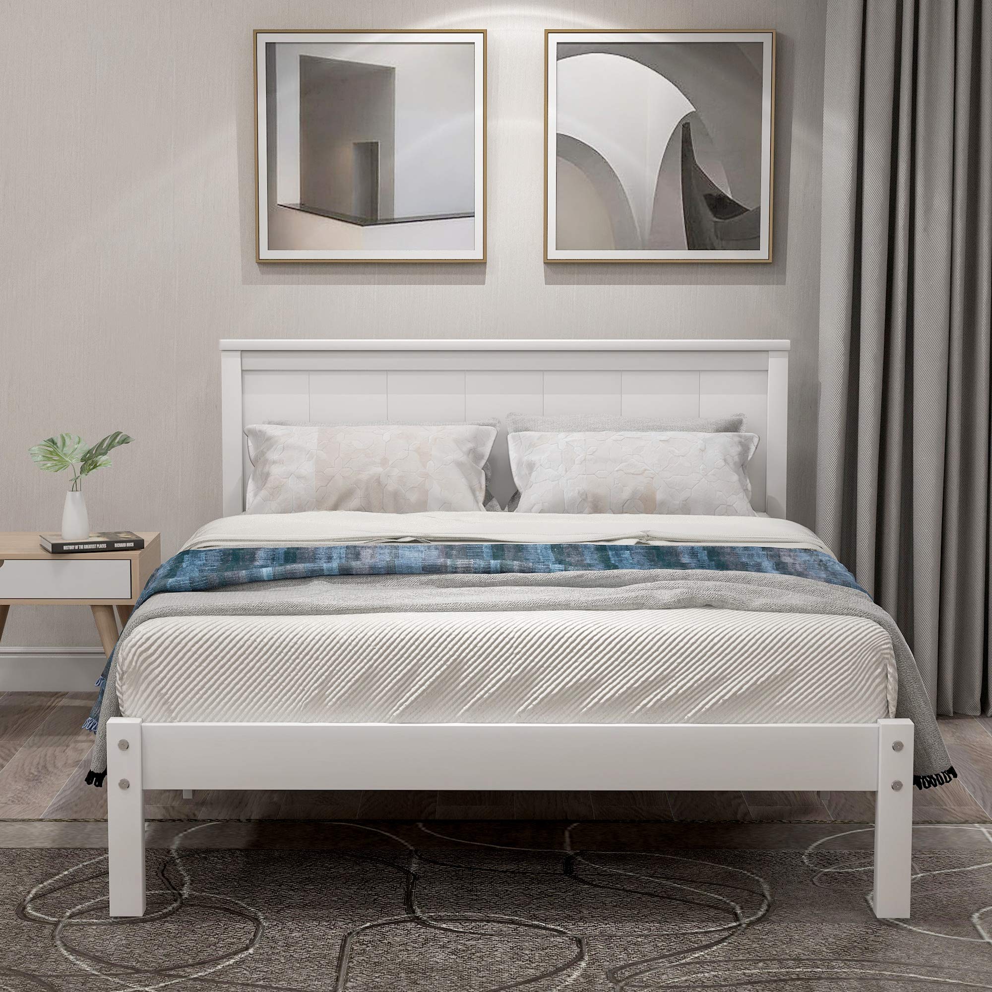 Solid Wood Full Platform Bed Frame with Headboard & Footboard - Sturdy Wood Slat Support, No Box Spring Needed, Easy Assembly - Twin Size in White - Perfect for Modern Bedrooms, Guest Rooms & Small Spaces