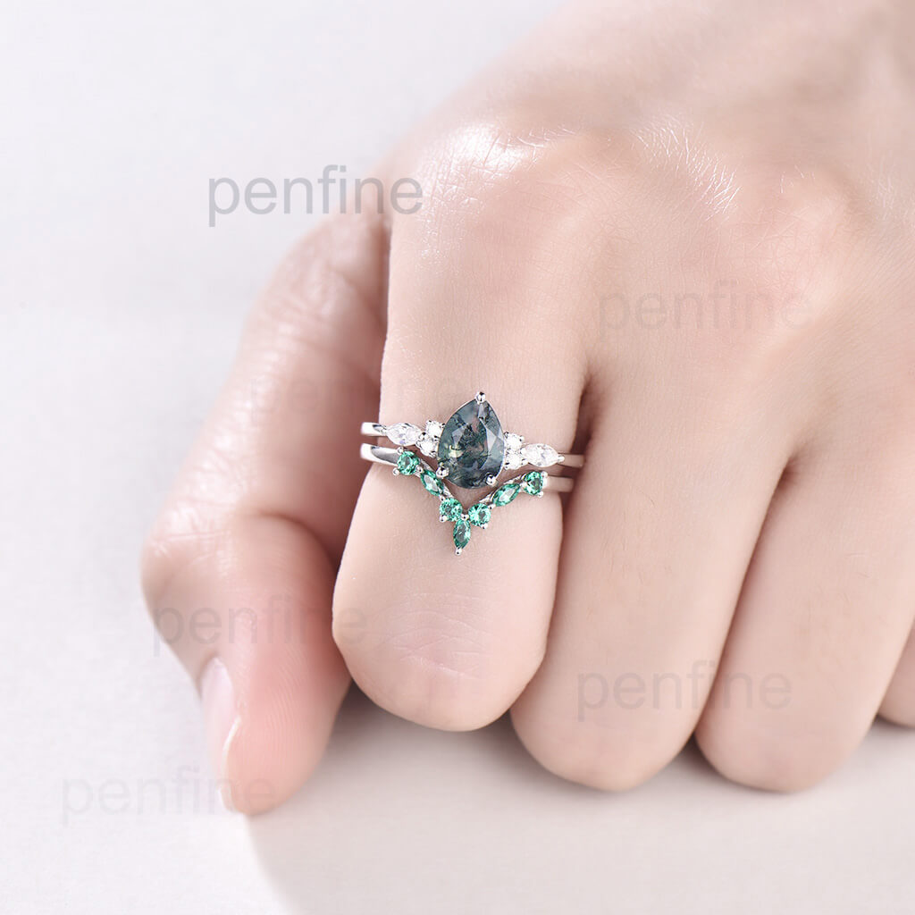 2pcs Pear Shaped Green Moss Agate Nadia Engagement Ring Set with Emerald Band - Perfect for Wedding, Proposal, Anniversary & Special Occasions