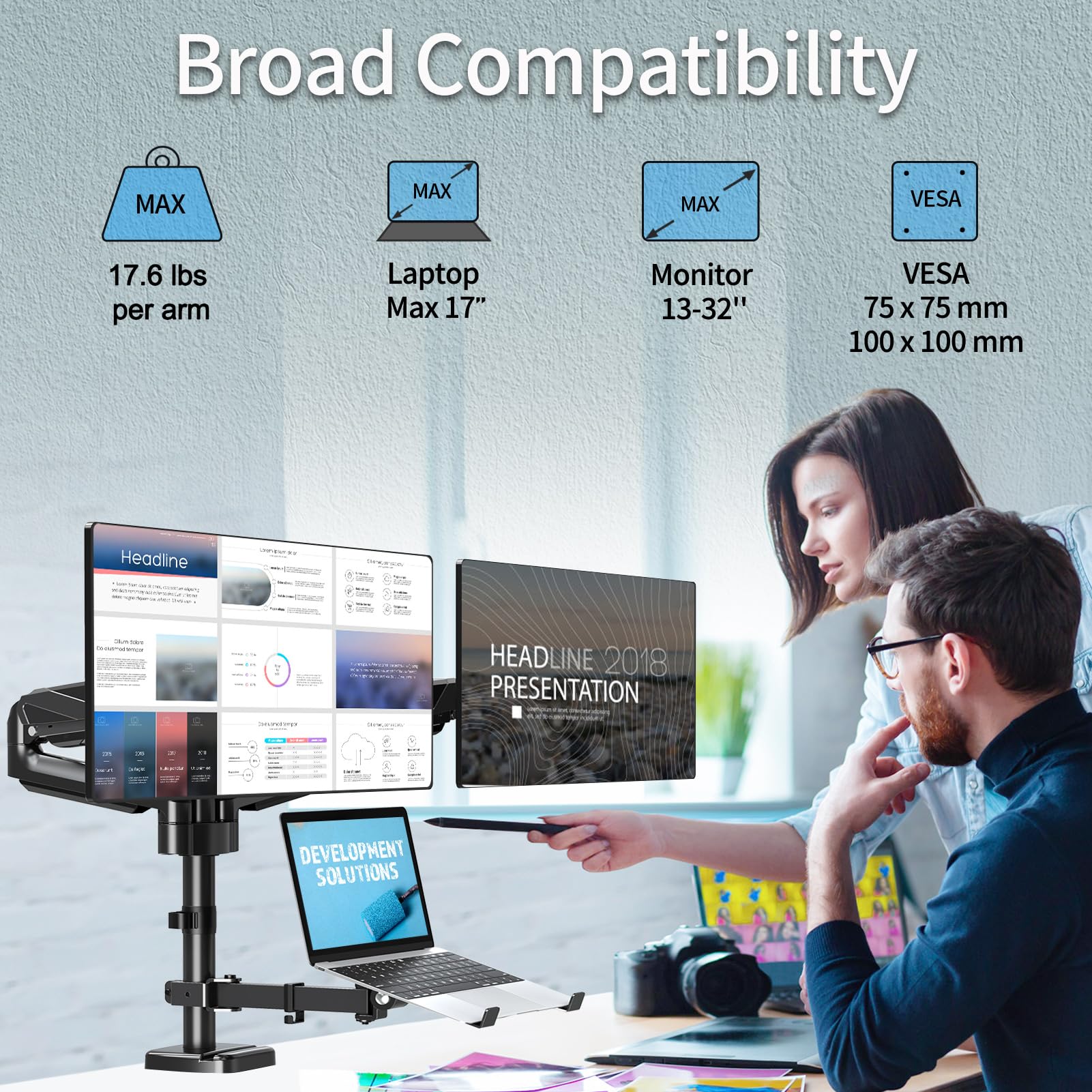 MOUNTUP Dual Monitor and Laptop Mount Stand - Gas Spring Monitor Arm for 2 Screens up to 27