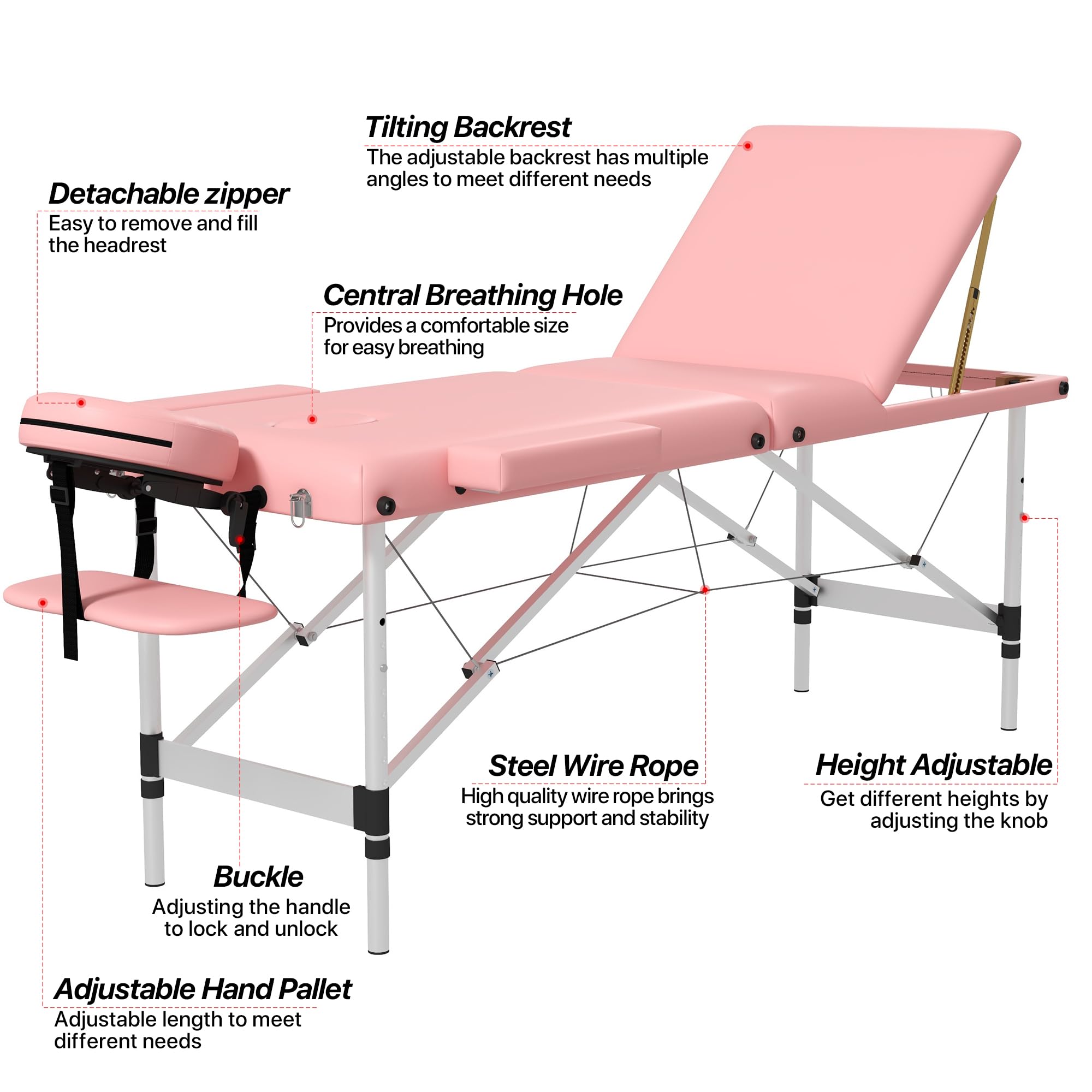 Portable 3-Section Foldable Massage Table - Adjustable Height Tattoo & Lash Spa Bed with Face Cradle - Lightweight Aluminum Frame Facial Salon Bed for Home Use (Light Pink) | Perfect for Professional Massage Therapists, Tattoo Artists & Home Spa Treatments