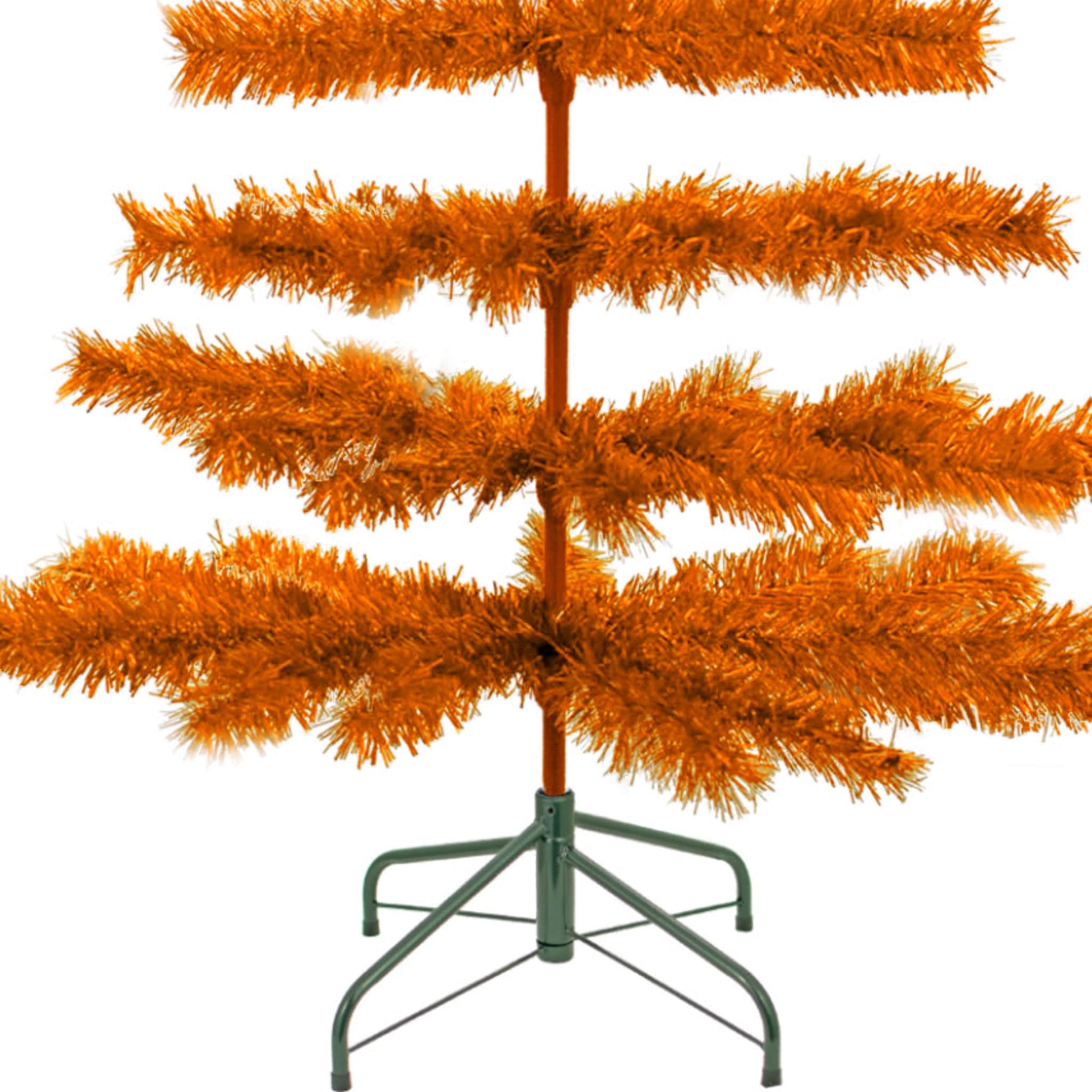 5FT Orange Tinsel Christmas Tree with Green Metal Base & Brush Stand - 60in Tall Artificial Holiday Decor for Home, Office, Party & Festive Celebrations