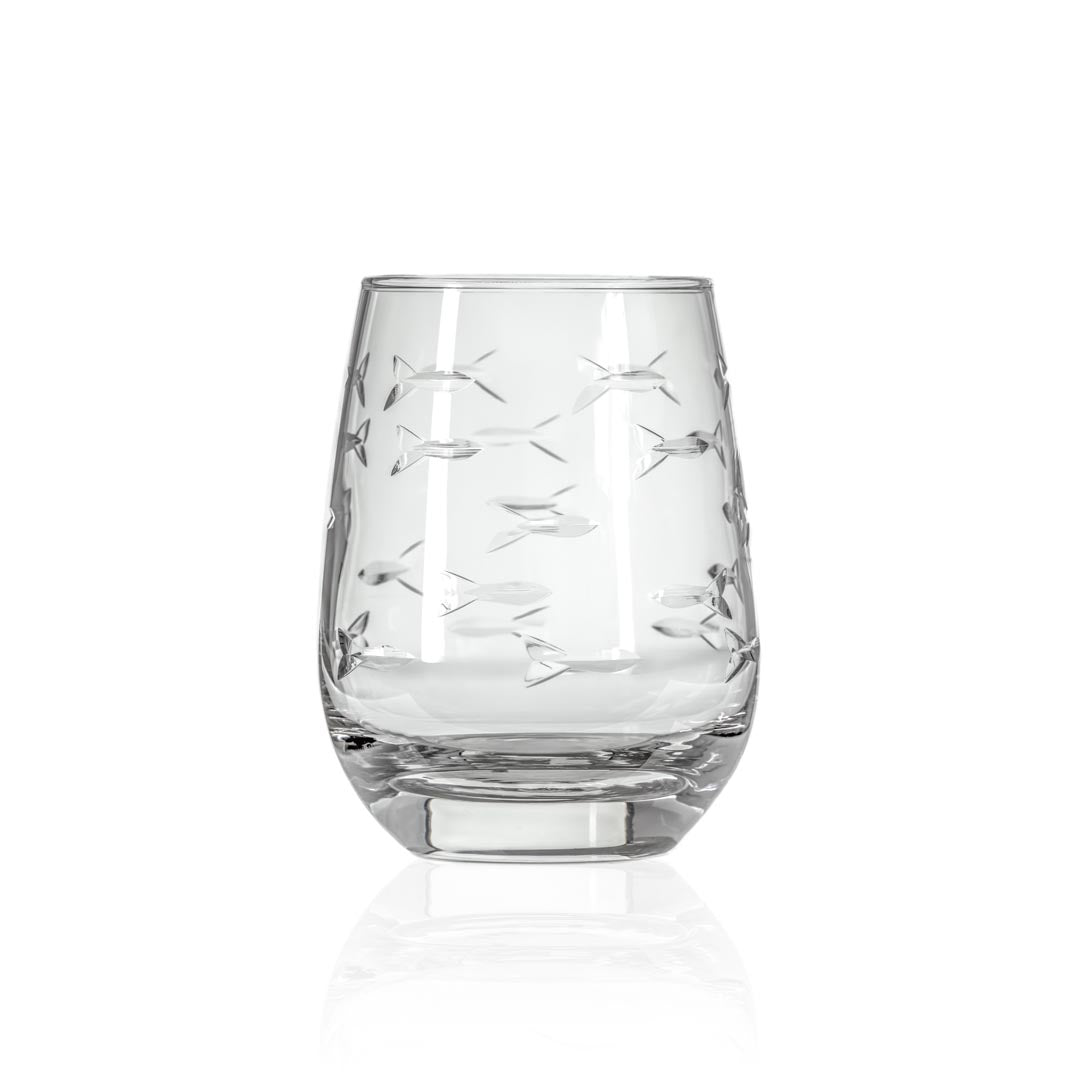 Set of 4 Clear Stemless Wine Tumbler Glasses - 15oz Fish Design for School of Fish Lovers | Perfect for Parties, Gifts & Home Bar Decor